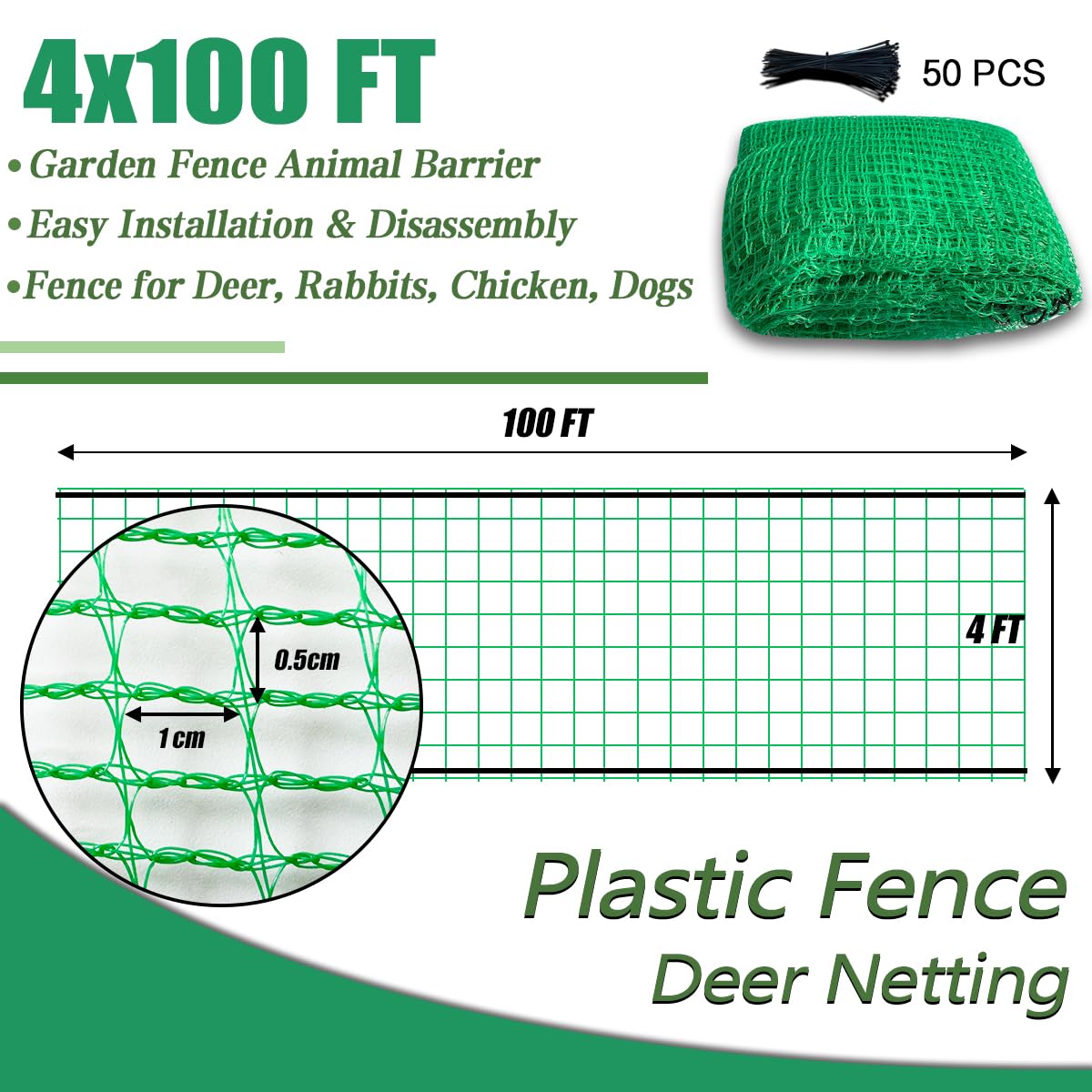 Quobiad Temporärer Gartenzaun 4' X 100' (ca. 1,2x30 M) – Kunststoff-Sicherheitszaun Mit 50 Kabelbindern Für Tiere, Baustelle & Schnee