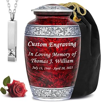 Personalized Urns for Human Ashes Adult Female & Male with an Ash Necklace | Elegant Burial & Cremation Urns for Men & Women | Decorative Memorial Funeral Urn Red, Large, Marble Finish