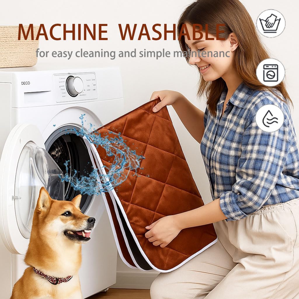 Washable Anti-Slip Kennel Mat for Medium Small Dogs and Cats Kennel pad Crate Pad Heated Cat Bed Self Warming Non-Electric Pet Warming Pad in Winter Brown 27.56 * 45.28inch