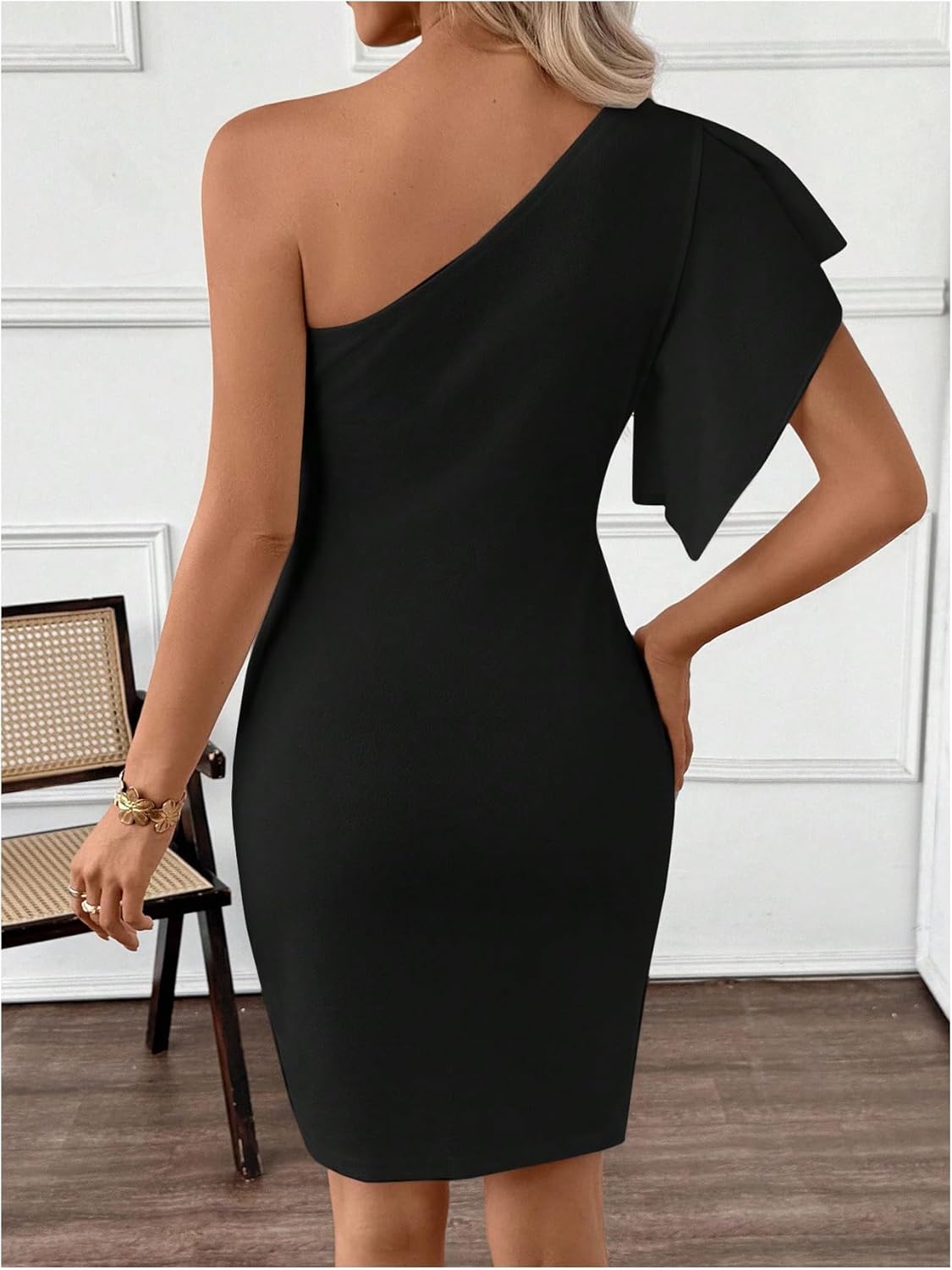 SweatyRocks Women's Elegant One Shoulder Cocktail Dress Ruffle Sleeve Wrap Bodycon Classy Party Dresses - Image 2