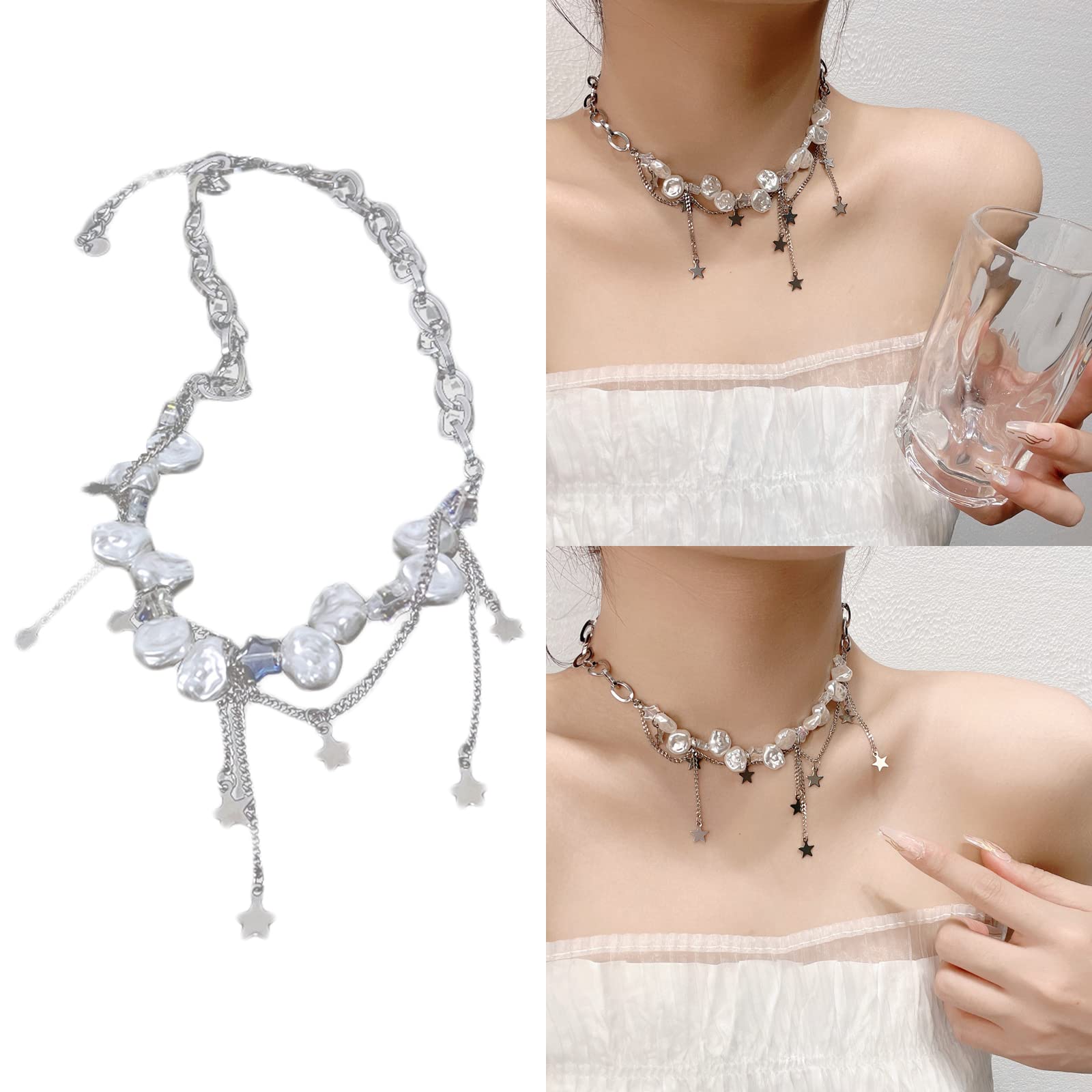 Misright Punk Vintage Choker Star Pendant Simulated Pearl Bead Necklace Gothic Clavicle Chain Jewelry New Year