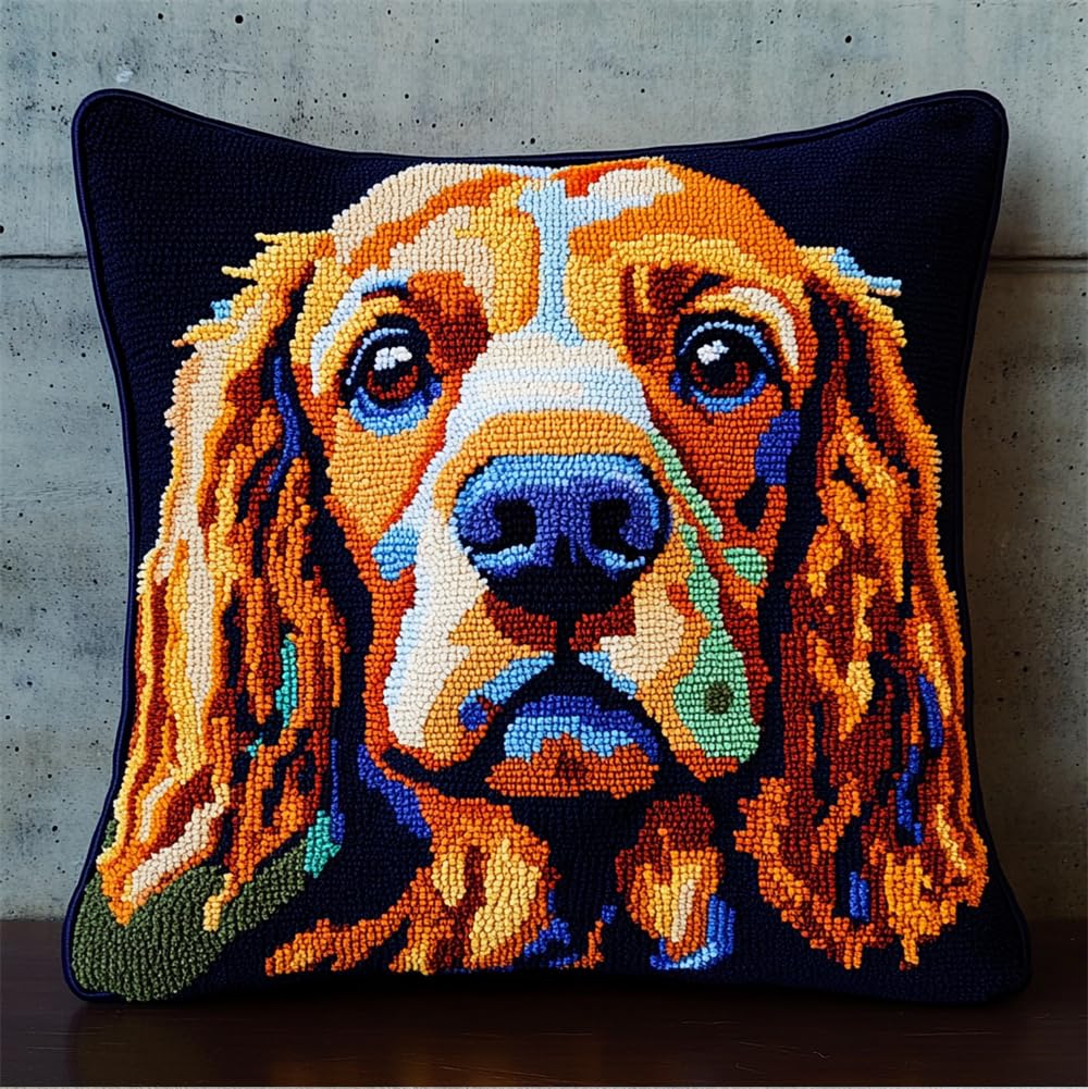 Rqwybcaxn Latch Hook Kits, Latch Hook Kit for Beginners Cocker Spaniel Throw Pillow Cover Pattern Printed Sofa Cushion Crochet Needle for Carpet Embroidery 17X17Inch