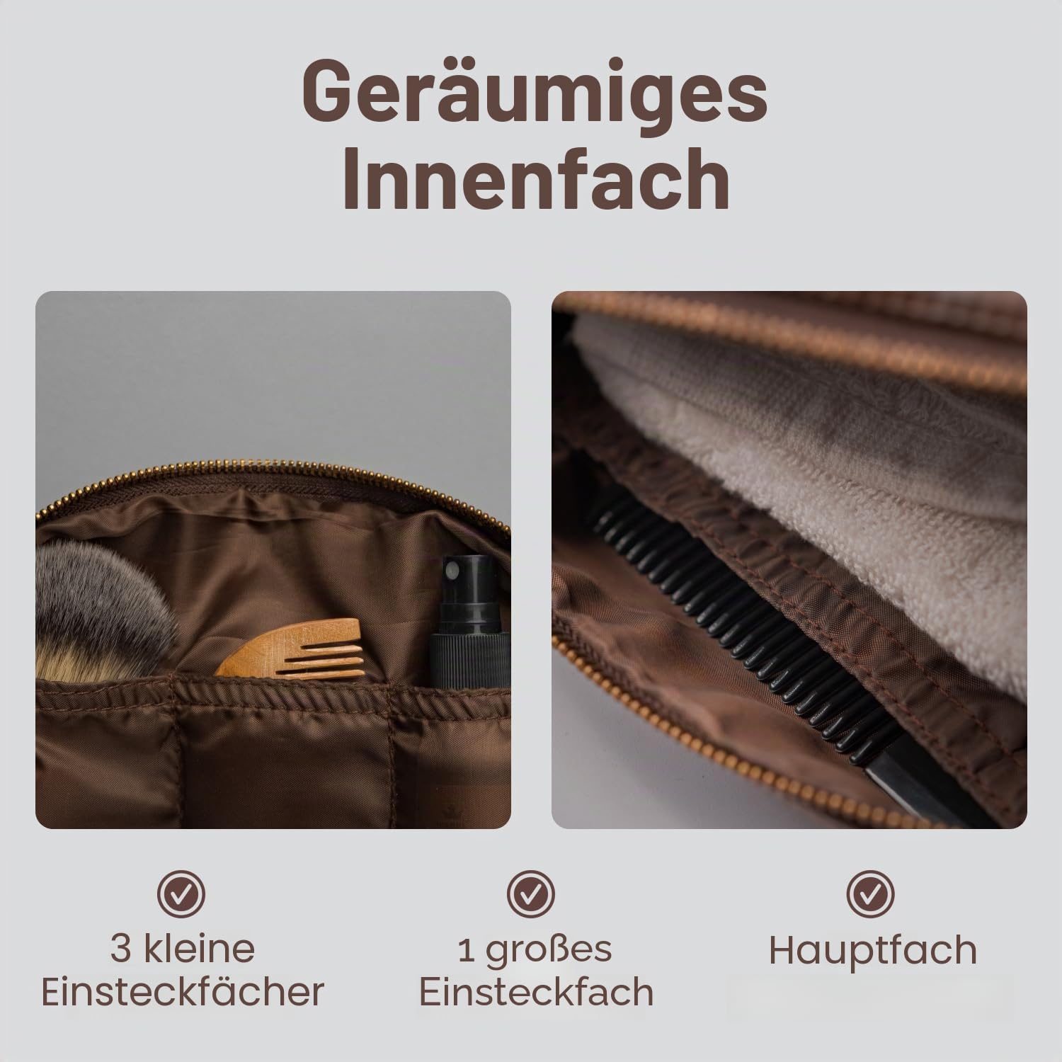 RUBAB Men Premium Kulturbeutel aus veganem Leder für Herren, Rasierset-Tasche & Pflege-Reisetasche für Herren, wasserdichtes Futter, Hellbraun, Pack-It Smart Edition, braun, Pack It Smart