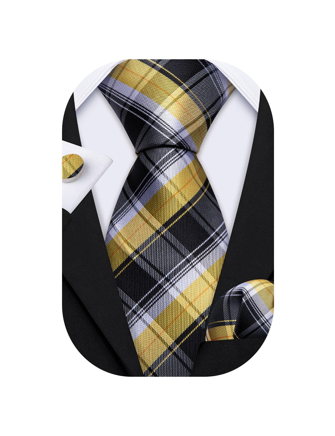 Barry.Wang Man Plaid Ties Silk Check Woven Pocket Square Cufflinks Party Ceremony Yellow