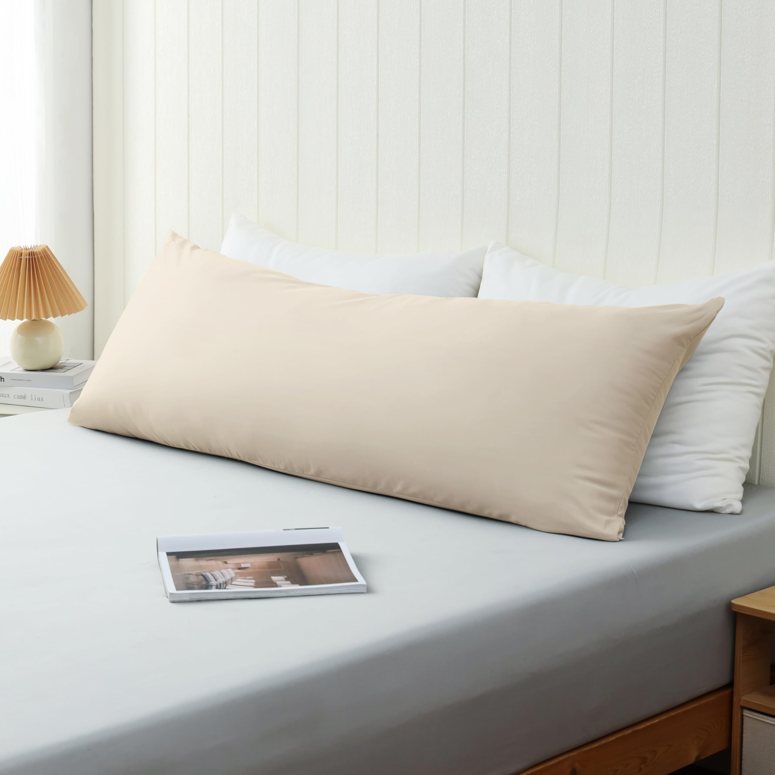 100% Cotton Soft Body Pillow Protectors with Invisible Zipper 20X54 Inches Body Pillow Cases, 600 Thread Count Soft Pillow Cases, Beige Color 1-Pack
