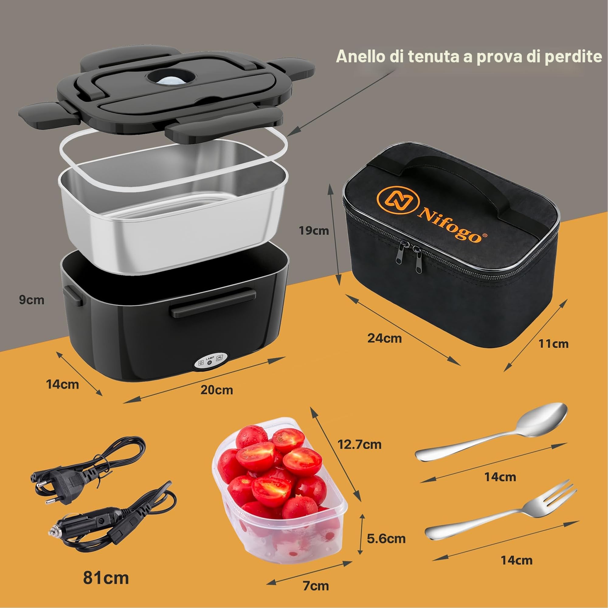 Nifogo Scaldavivande Elettrico 100W Lunch Box Elettrica 3 in 1 Contenitore Portavivande 1,5L l'ufficio, casa, Auto, Camion 12V 24V e 230V con Grigio Borsa isolante e Set di Posate(Nero)