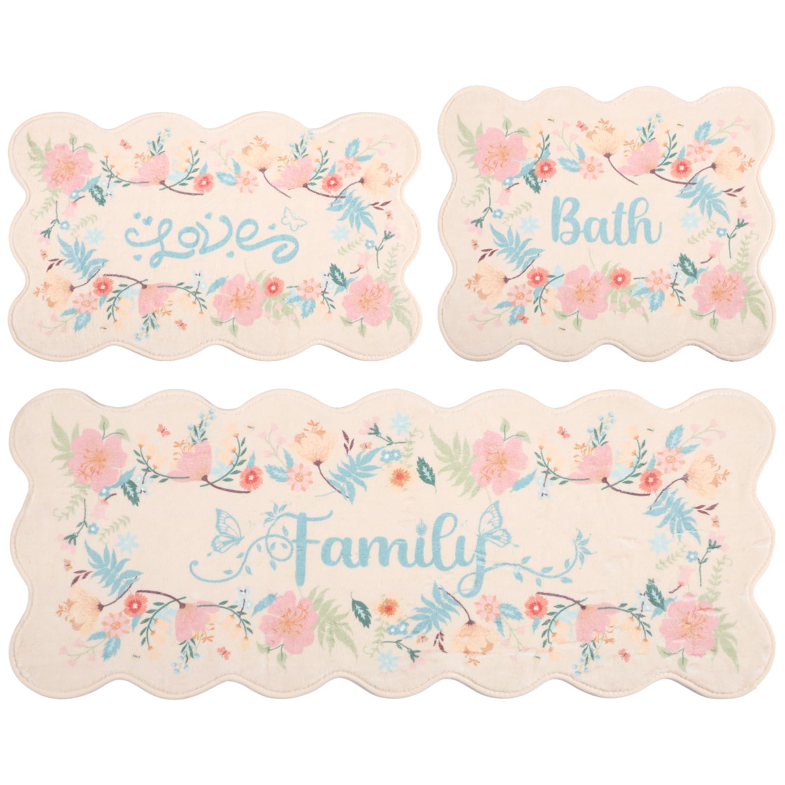 Alfombra de baño decorativa de 48 x 20 pulgadas + 32 x 20 pulgadas + 25 x 21 pulgadas, juego de accesorios para la familia, amor y