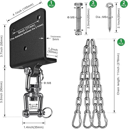 Miniatura 7 de SELEWARE Percha de bolsa pesada de rotación de 360, capacidad de 1000 libras, montaje en techo y vigas con cadena de acero inoxidable y ganchos a