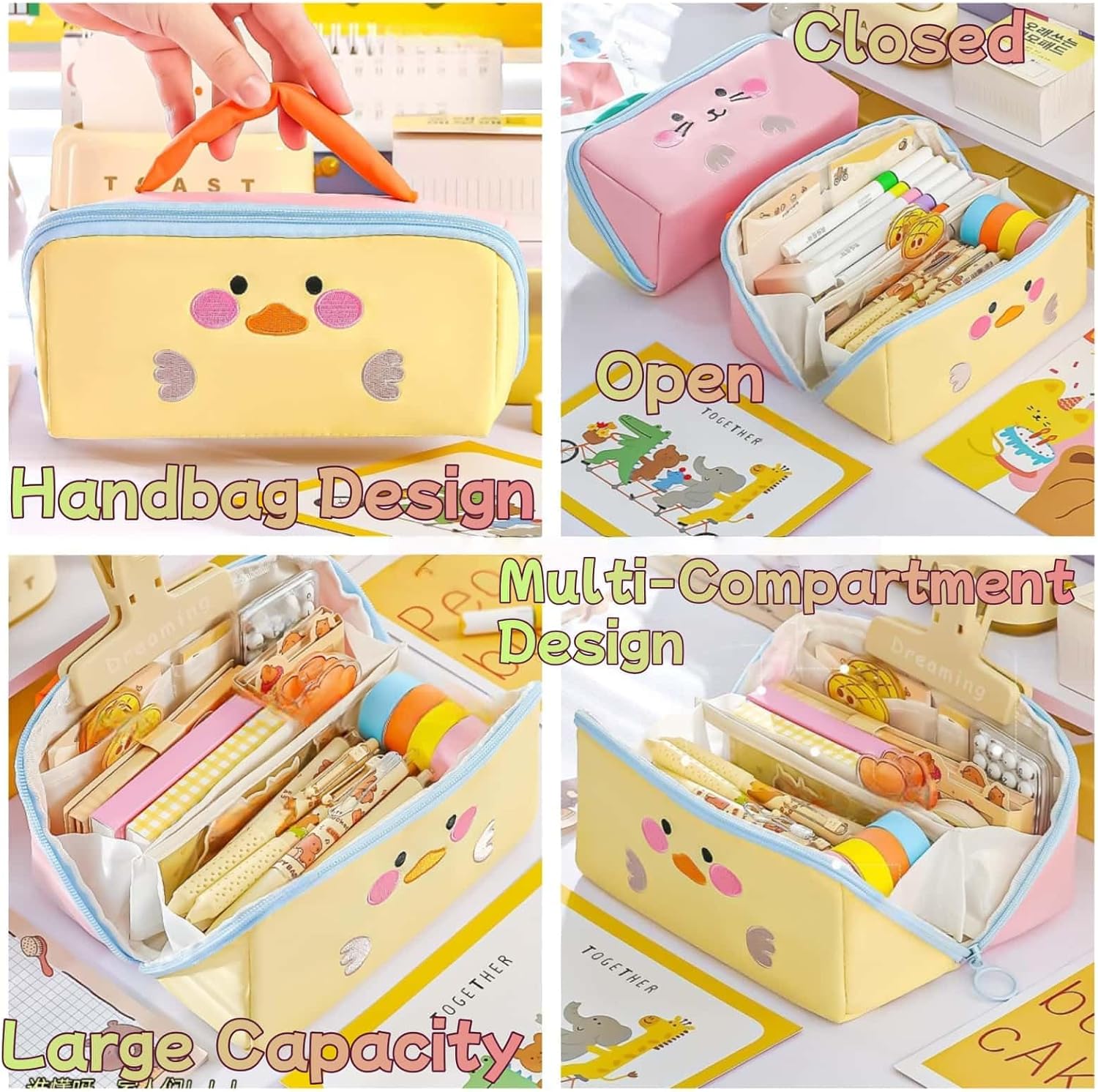 Cute Kawaii Pencil Case Pouch with Handle Cartoon Animal Large Capacity Pen Box Holder Organizer for Office Workspace Supplies Desk Accessories Travel Essentials Trendy Gift (Yellow Duck) - Image 5