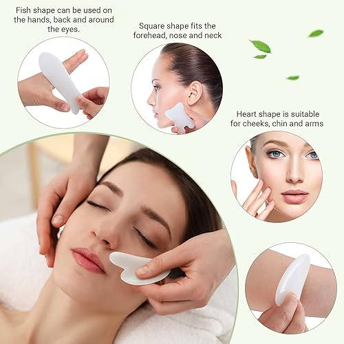 Miniatura 4 de Treela Juego de 5 herramientas faciales Gua Sha y 1 herramienta de masaje corporal Gua Sha con mango para cara, espalda, cuello, piernas, raspado