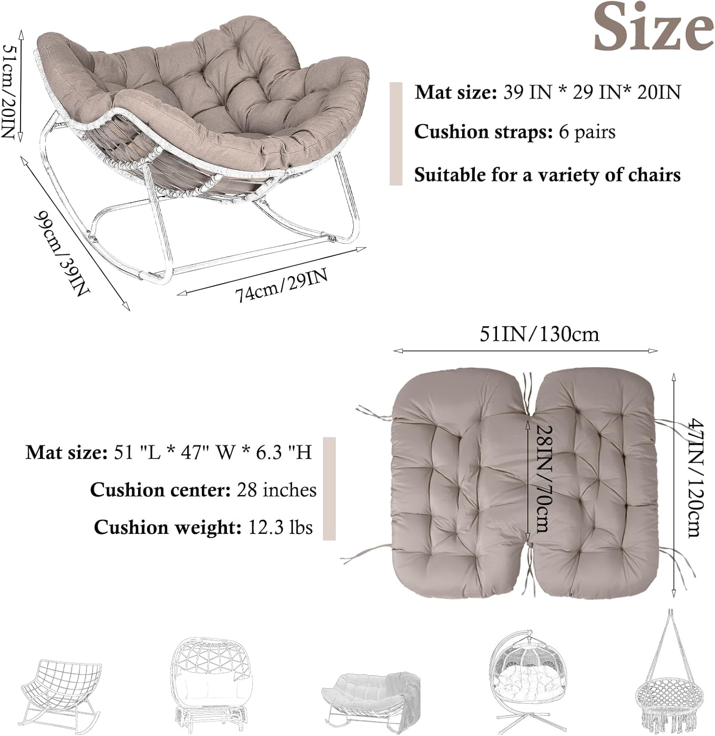 Outdoor Rocking Chair Cushions, 6.3" Thicken Colorfast Papasan Chair Cushion, Waterproof Egg Chair Cushion with Ties for Patio or Porch Royal Rocking Chair (Khaki, Only Cushions)