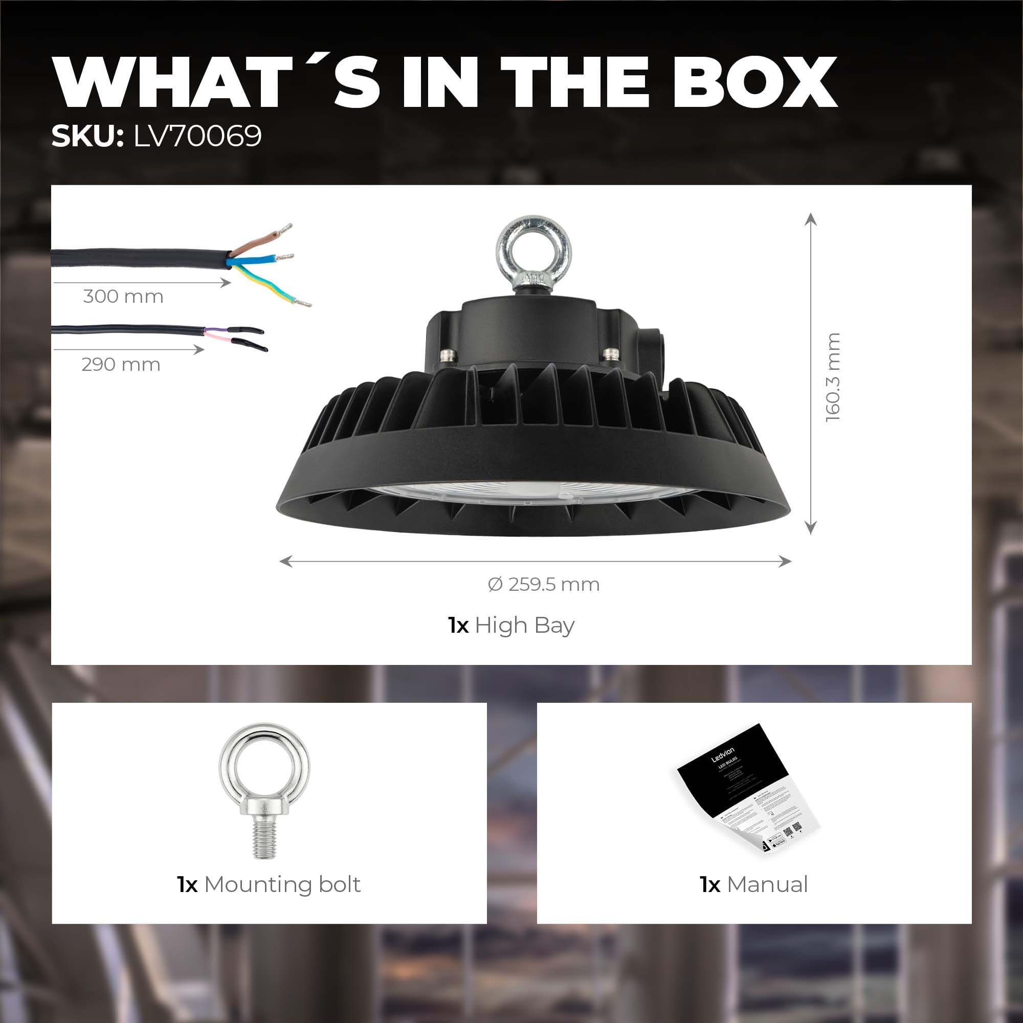 Ledvion - LED Lámpara de Alta Bahía, IP65, 150-130-110W, 185 lm/W, Driver, 4000K, Regulable, Campana LED UFO, Lámpara de Alta Bahía para Naves Industriales, Almacén, Taller, Garaje