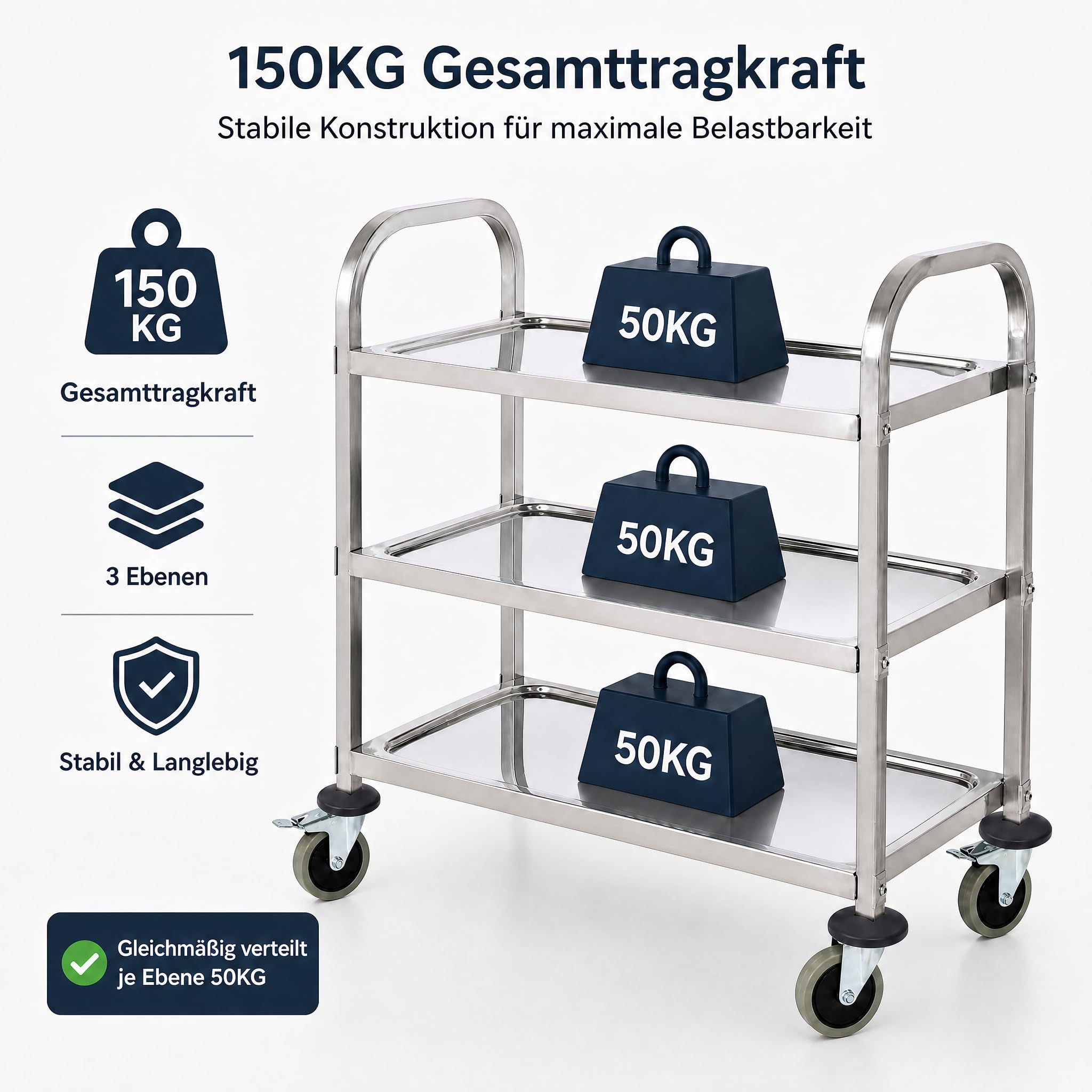 Carrito de Servicio Acero Inoxidable 3 Estantes, 4 Ruedas Giratorias (2 con Freno) (72x40x82 cm, 150 kg) – Carro de Cocina Multifuncional para Restaurante, Laboratorio, Hostelería