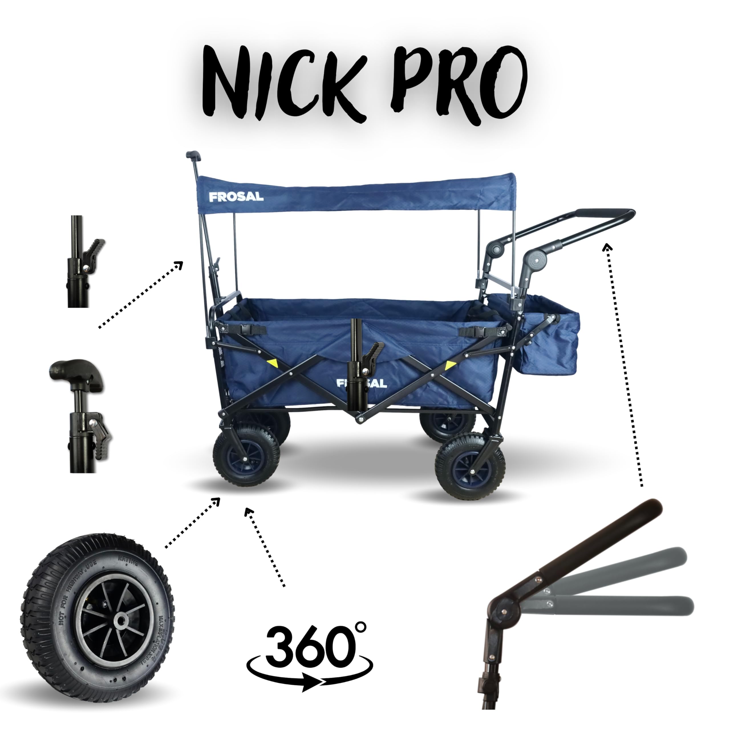 FROSAL Bollerwagen Nick PRO faltbar mit Bremse Dach blau klappbar | Schiebegriff | Luftreifen | Lufträder Ideal für Strand Wald & Feldwege