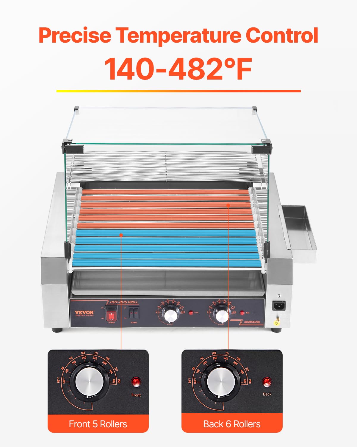 VEVOR Rullo per Hot Dog, 30 Hot Dog 11 Rulli, Cuocitore per Salsicce in Acciaio Inox 2200 W con Doppio Controllo della Temperatura, Contenitore Laterale, Ripiano Rimovibile e Vassoio Raccogli-Olio