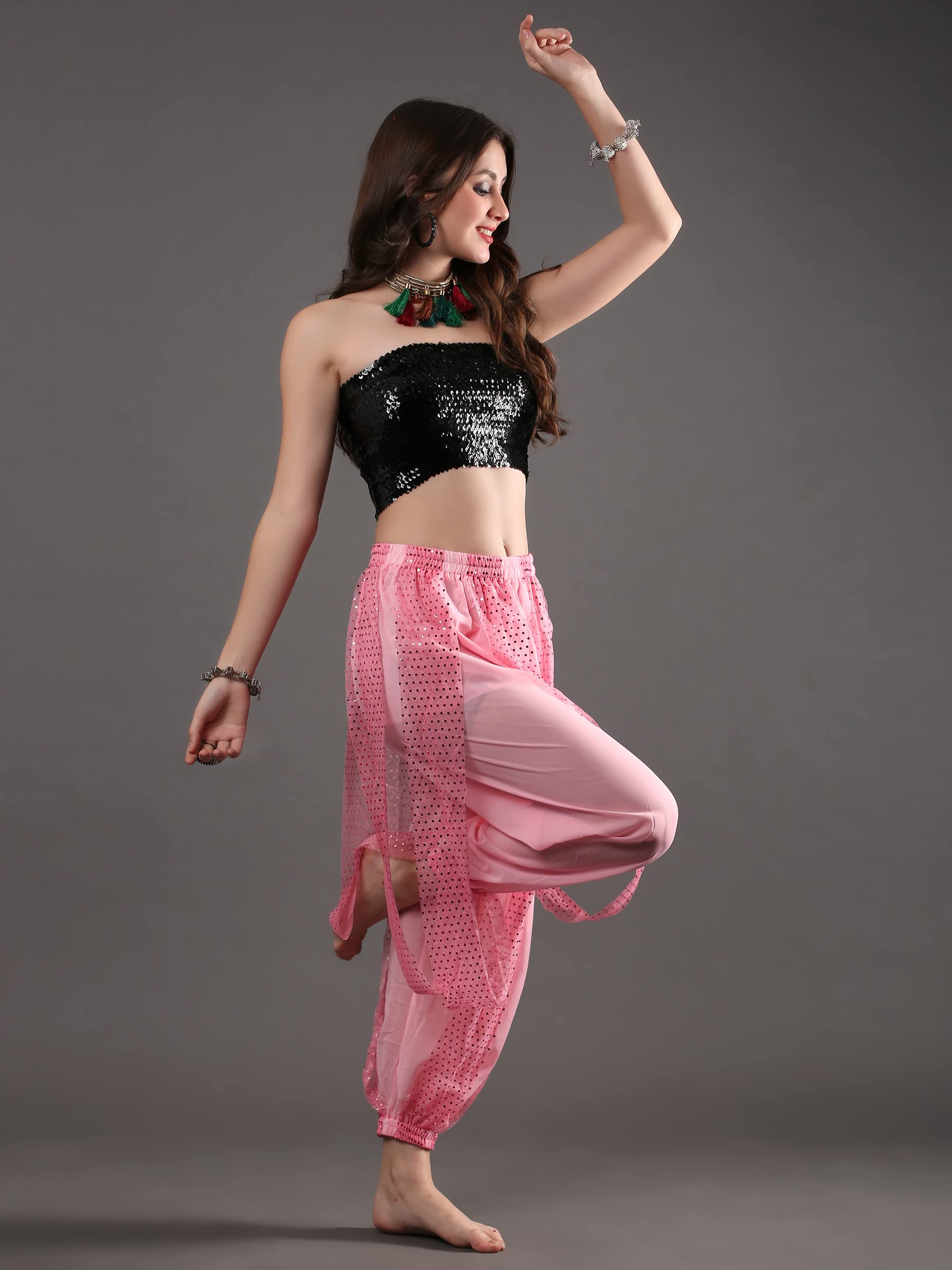 The Dance Bible Girls Sequin Belly Dance Harem Pants Slim Mid Rise | Belly Dancing, Latin Dance, Fancy Dress Costume, Stage Performance Wear (Light Pink), Freesize 4