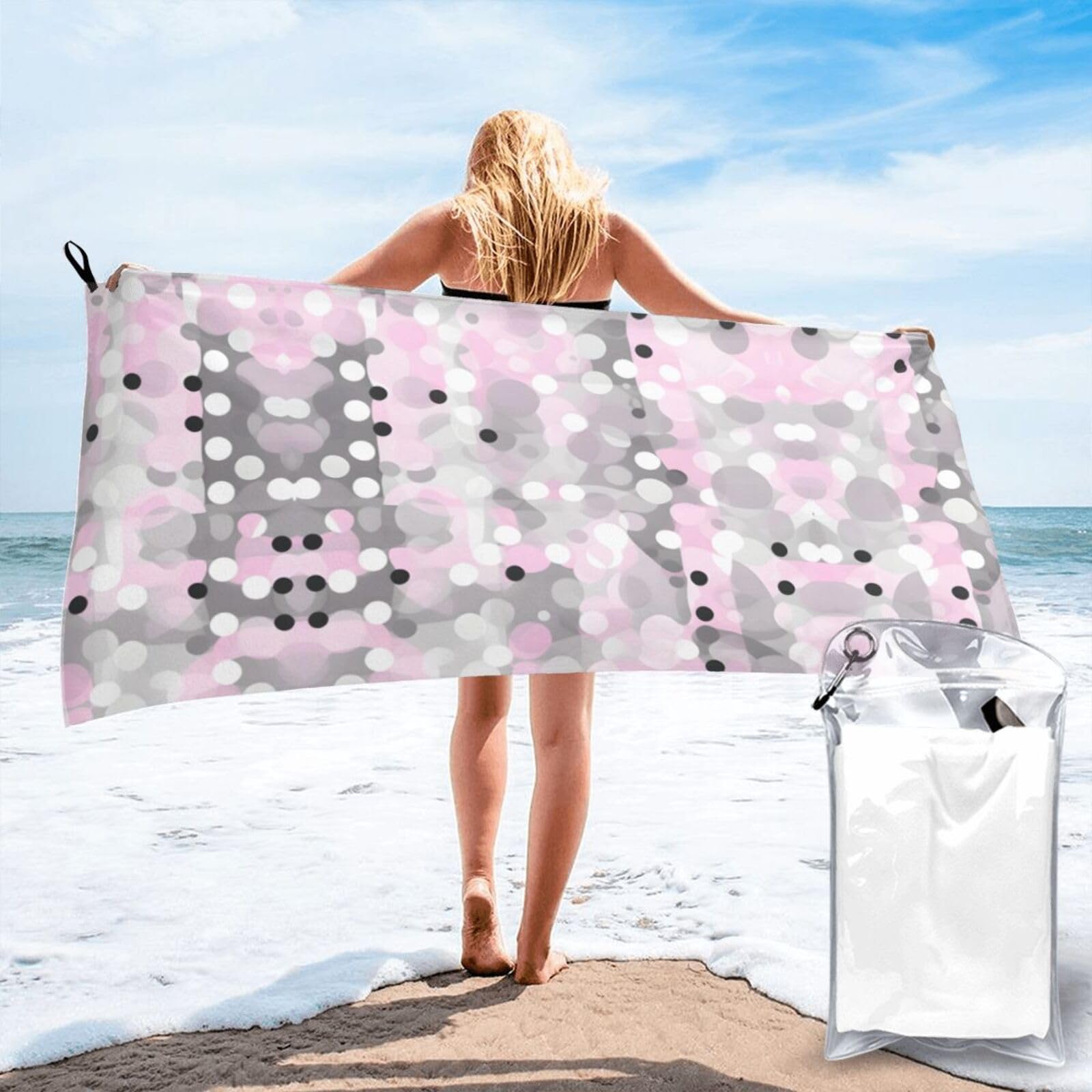 HLBSDM Pink Gray White Modern Polka Dot Pattern Print Beach Towel Quick Dry Portable for Swimming Yoga Travel Campers