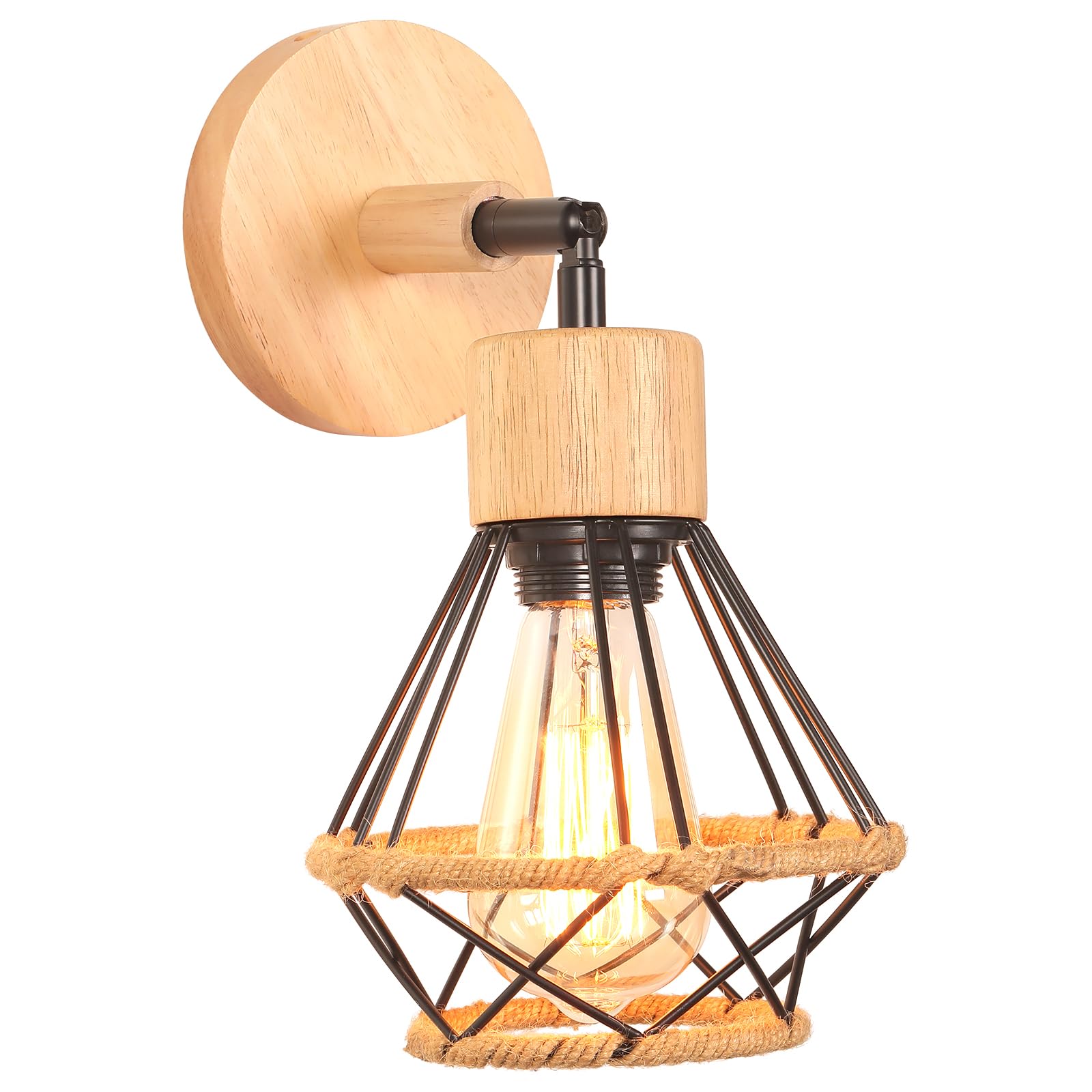 iDEGU Vintage Wall Light Industrial Cage Design with Hemp Rope Retro E27 Wall Lamp in Metal and Wood Adjustable Ceiling Light Indoor Wall Sconce for Bedroom, Hallway, Living Room (16cm, Type D, Black)