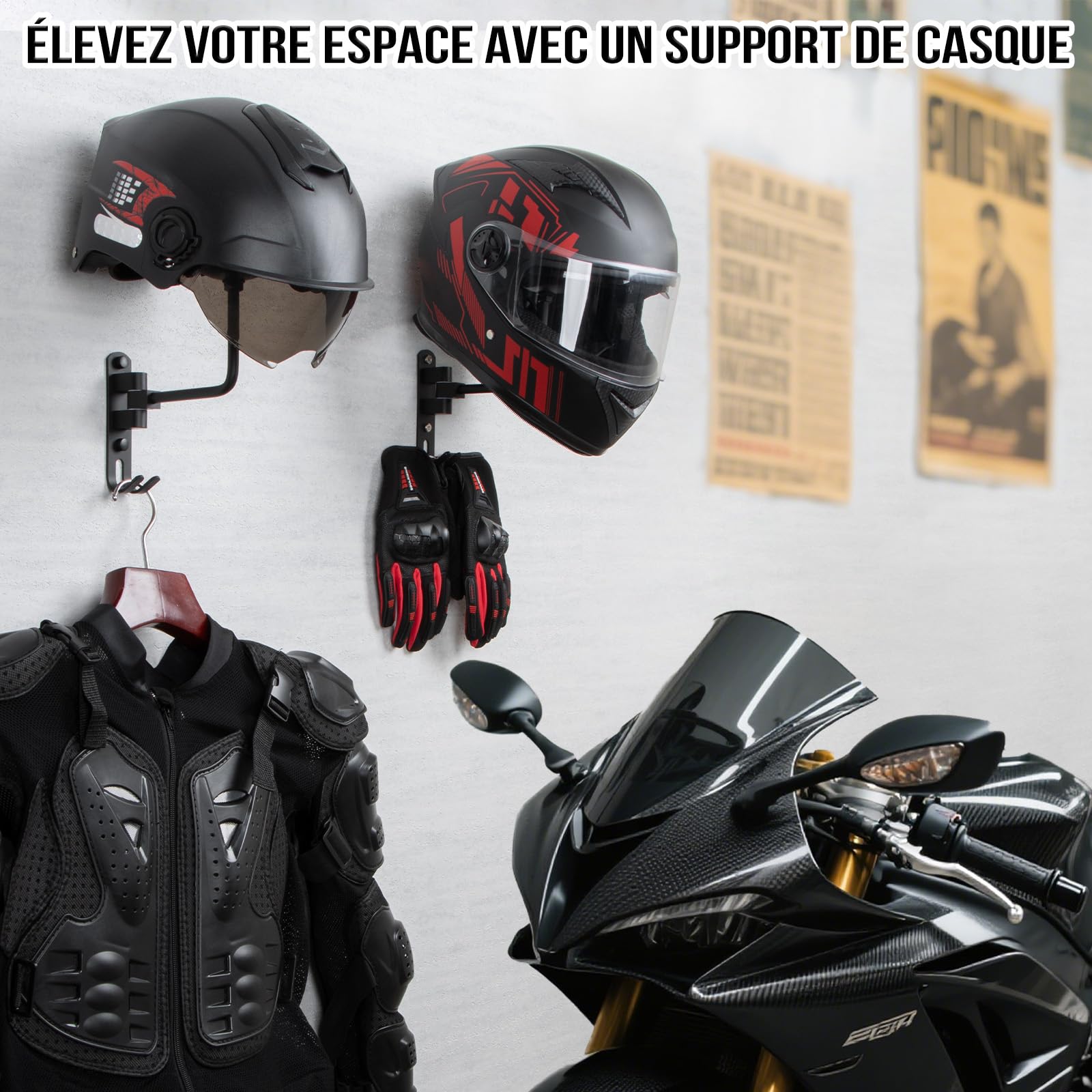 PUERSI Support Mural pour Casque de Moto, Porte Casque pour Vélo et Moto Pivotant à 180° avec 2 Crochets, pour Accrocher Chapeaux, Manteaux et Clés