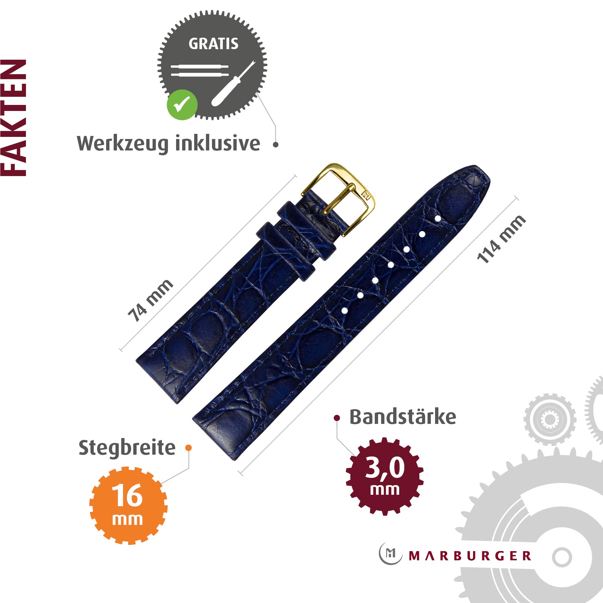 MARBURGER Uhrenarmband 16mm Leder Kroko (Caiman) Prägung Mit Naht - Werkzeug Montage Set 52916