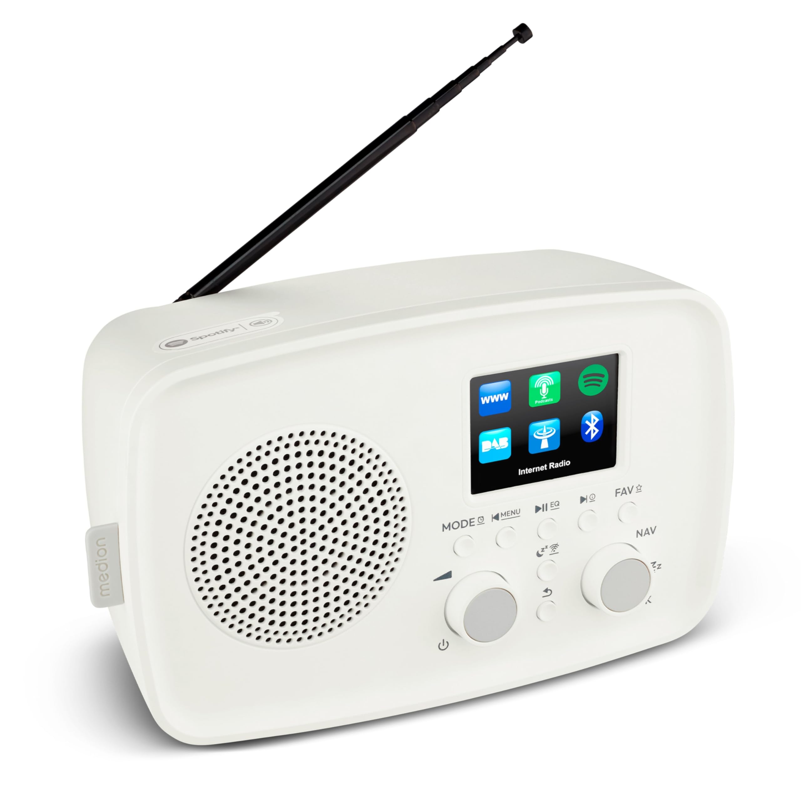 MEDION Internetradio mit DAB+ Life IRE-1 (WLAN, DAB Plus UKW Radio, Bluetooth, EQ, Tropfwasserschutz, Teleskopantenne, Spotify Connect, Wecker, Schlummerfunktion, Einstellbarer Display-Dimmer) weiß