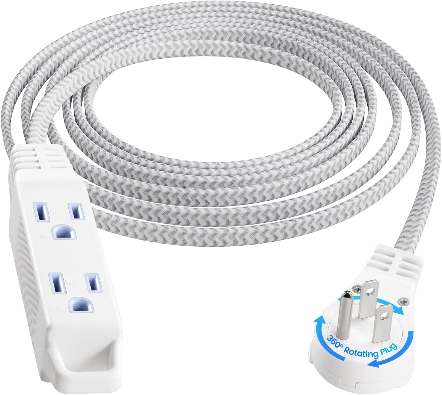 SURAIELEC 1FT Extension Cord, 360° Rotating Flat Plug Extension Cord Flat Wall Plug with 3 Outlets, White Braided Flat Cord for Indoor Use, Compact Areas, 16/3C SPT, ETL Listed, 2 Pack