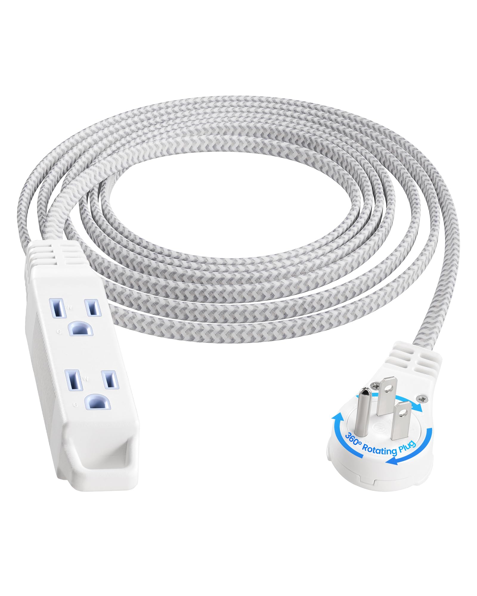 10FT 360° Rotating Flat Plug Extension Cord Flat Wall Plug with 3 Outlets, Braided Flat White Extension Cord for Indoor Use, Home, Office, 16/3C SPT, ETL Listed