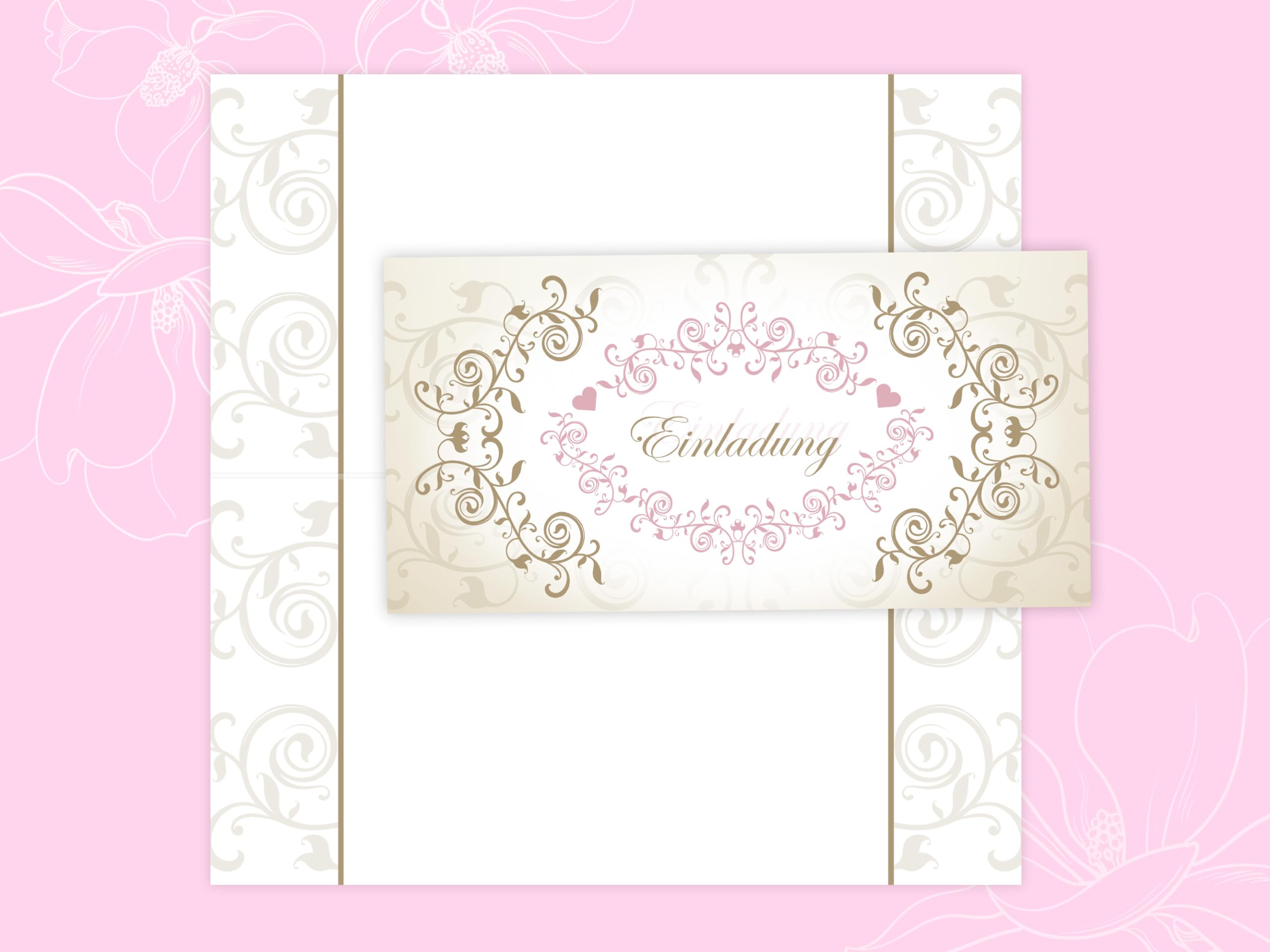 250 Einladungskarten für Hochzeit, Standesamt, Geburtstag, Konfirmation, Kommunion, Jugendweihe, Taufe, Geburtstag Jubiläum. Klappkarten DIN lang (21 x 10,5 cm). Luxuriöse florale Ornamente gold