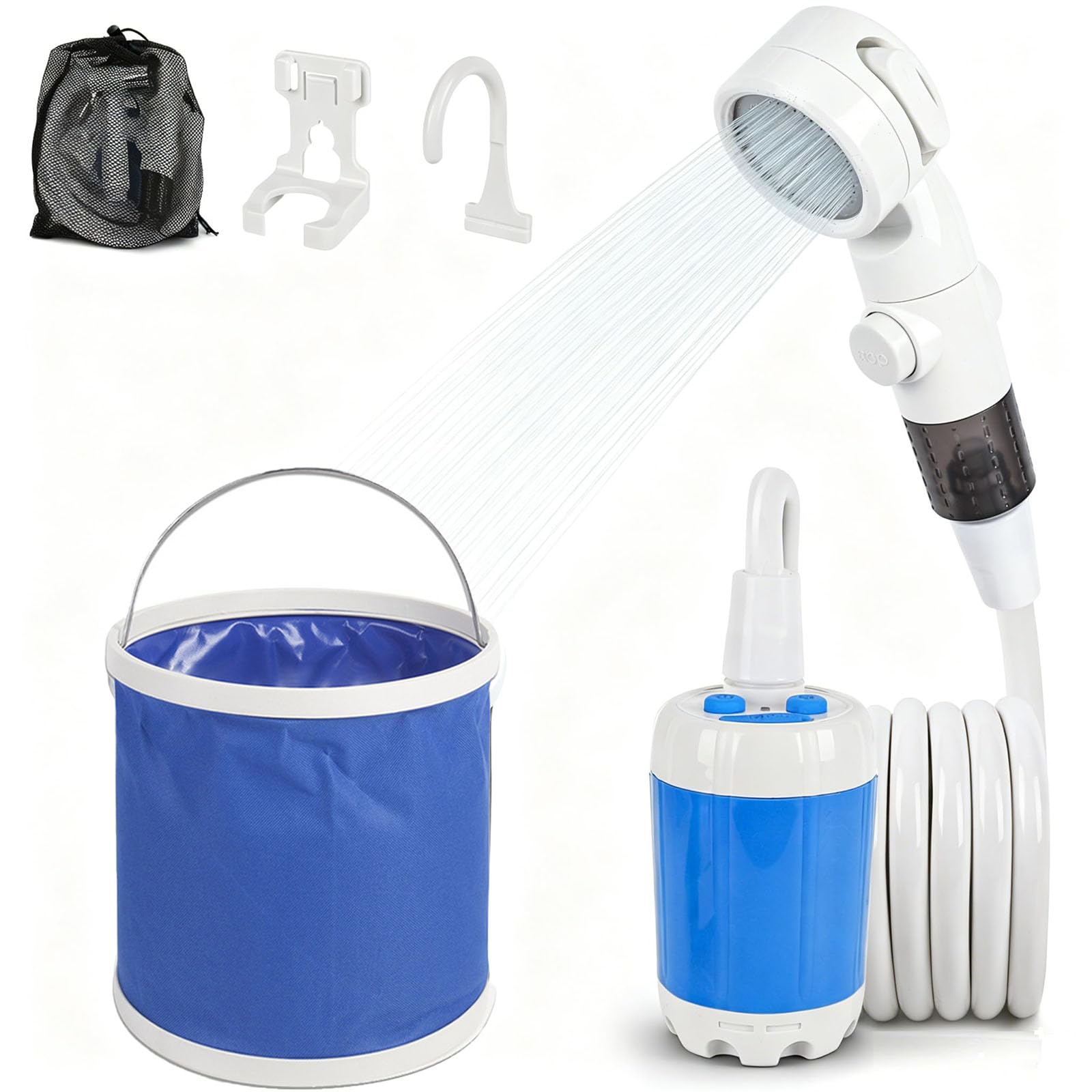 Douche De Camping Portable 12v avec Pompe Immergée, Pompe Douche Camping, Kit Complet avec Tuyau 2,2m, Compacte Légère Débit Réglable pour Camping Plage Jardin Randonnée Extérieur