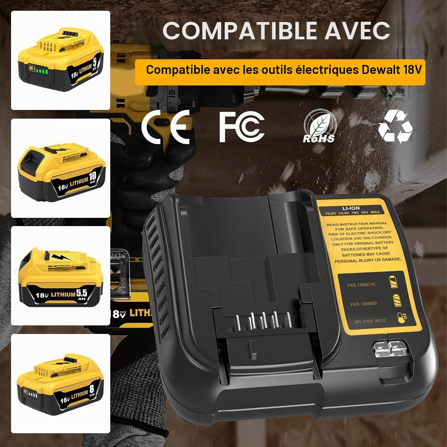 DCB107 Chargeur de Rechange pour Dewalt 10,8 V / 20 V Max ION-Lithium DCB201, DCB200, DCB204, DCB205, DCB206, DCB208, DCB203, DCB127, DCB230, DCB101,DCB112