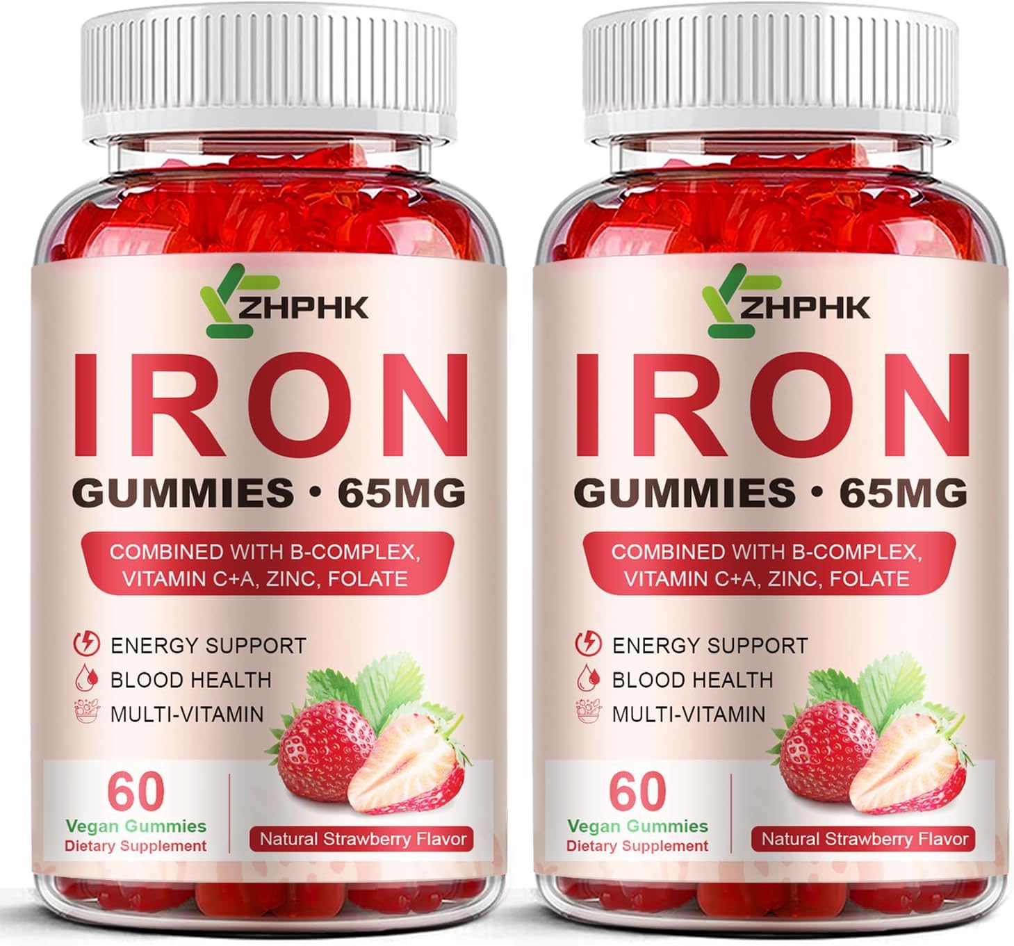 Iron Supplement Gummies for Women, Men & Kids, 65mg Iron & 250mg Vitamin C per Serving – Healthy Blood, Energy & Immune Support Iron Vitamin Gummy with Folate, 2 Pack
