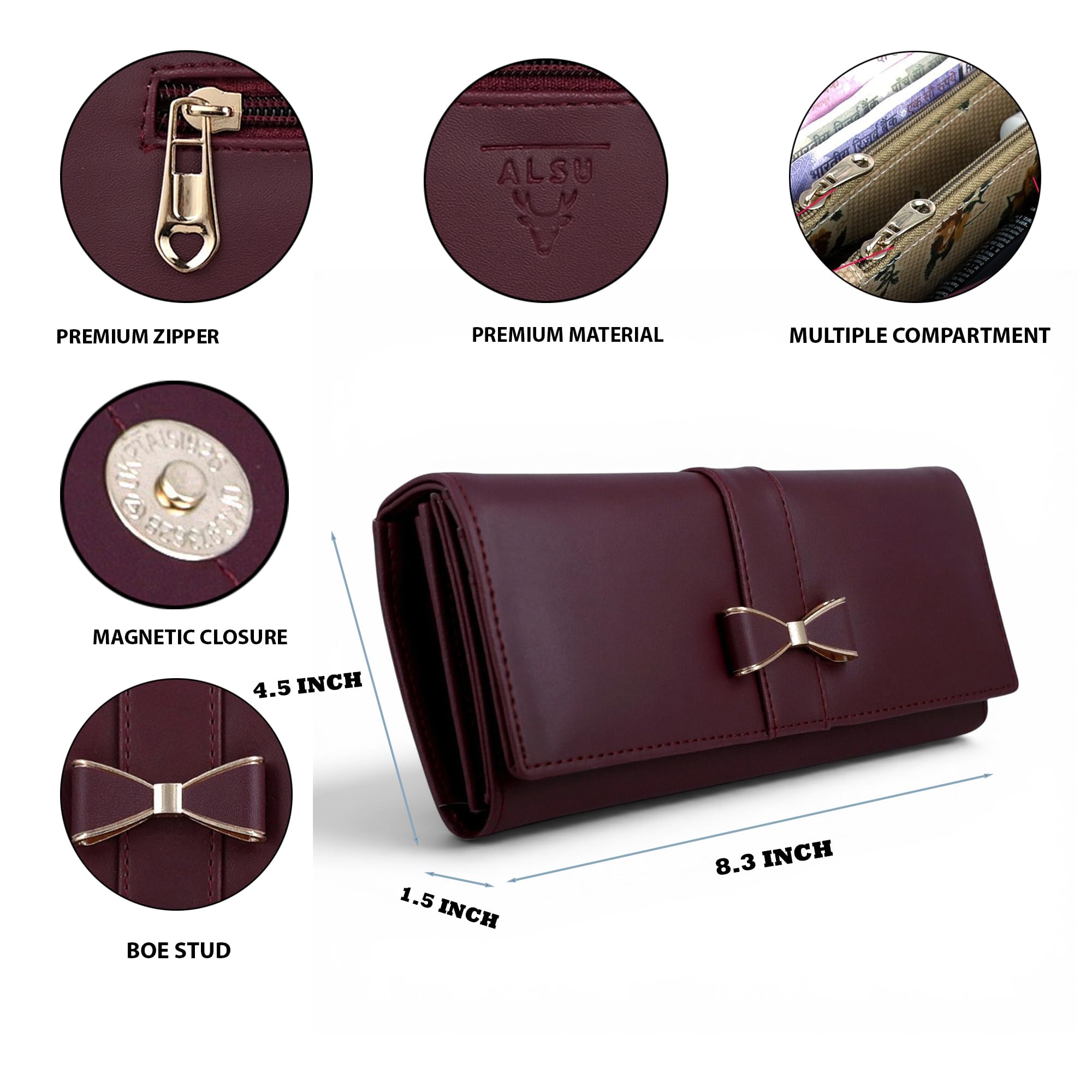 ALSU Women's Maroon Faux Leather Hand Wallet Clutch Trendy | 6 Card Slots | Phone Pocket (shd-004mar) 2