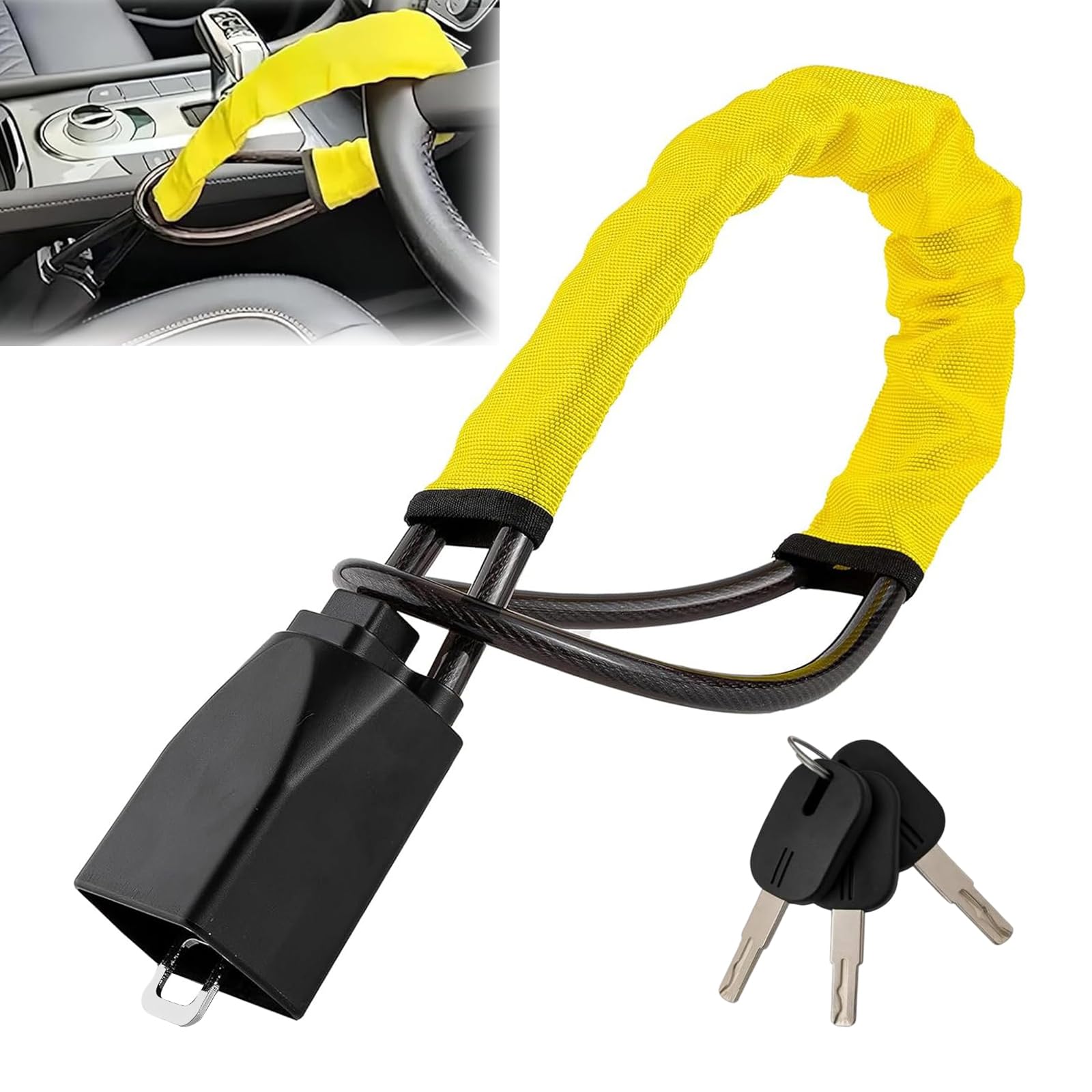 TOCMSNHG Steering Wheel Lock, Car Steering Locks, Heavy Duty Seat Belt Lock, High Visibility Car Lock Anti-Theft Device Fit for Cars, SUVs, Vans, 3 Keys (Yellow)