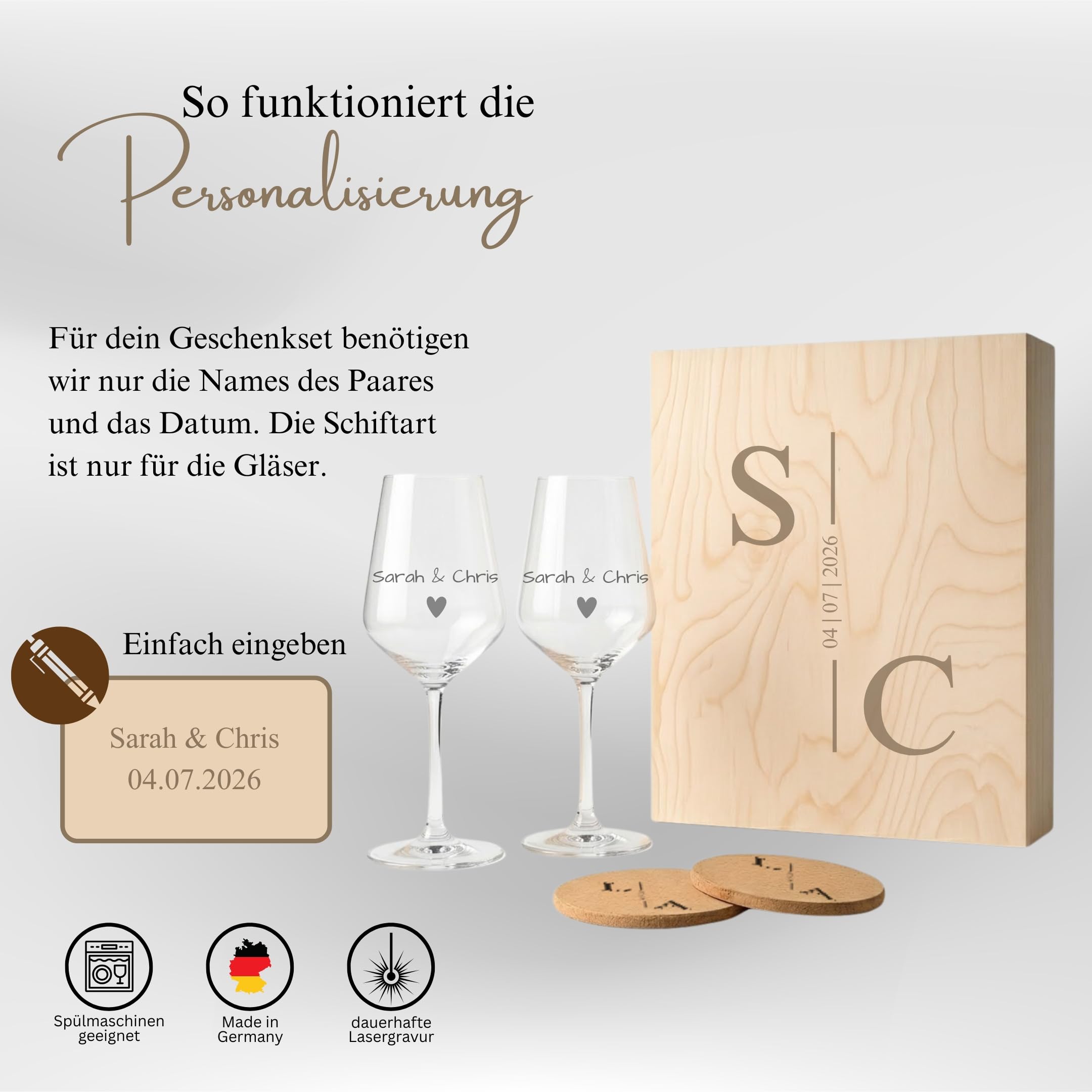 Weinglas Set Paar personalisiert mit Namen Gravur – 2 Weingläser + Holzbox + 2 Untersetzer – Hochzeitsgeschenk Jahrestag Verlobung (Weinglas Set Paar Initialen graviert)