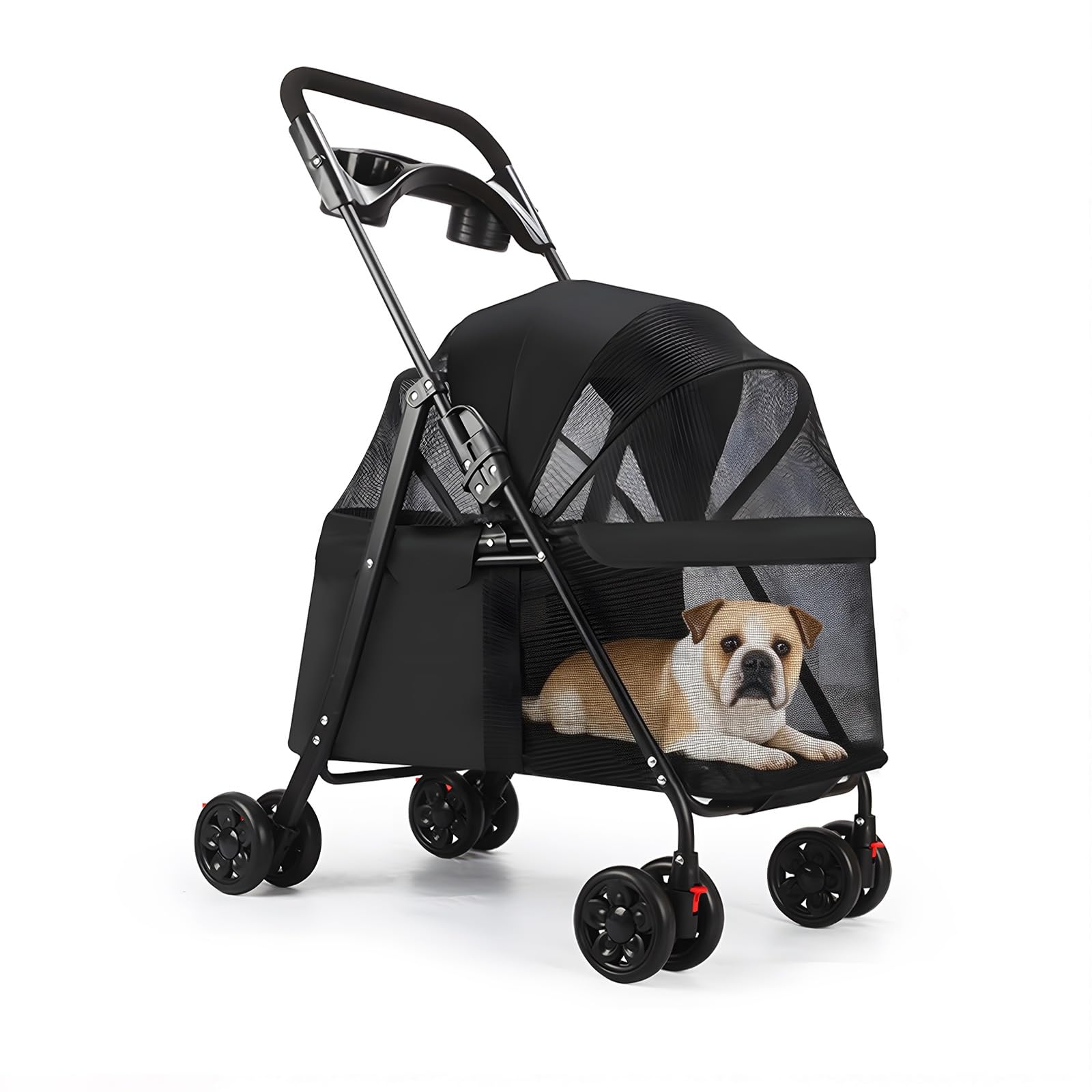 Pet Stroller for Small Medium Dogs Cats Pram 4 Wheels Folding Pushchair with Mesh Windows Cup Holder Removable Canopy Lightweight Outdoor Travel Capacity 20 kg (Black)