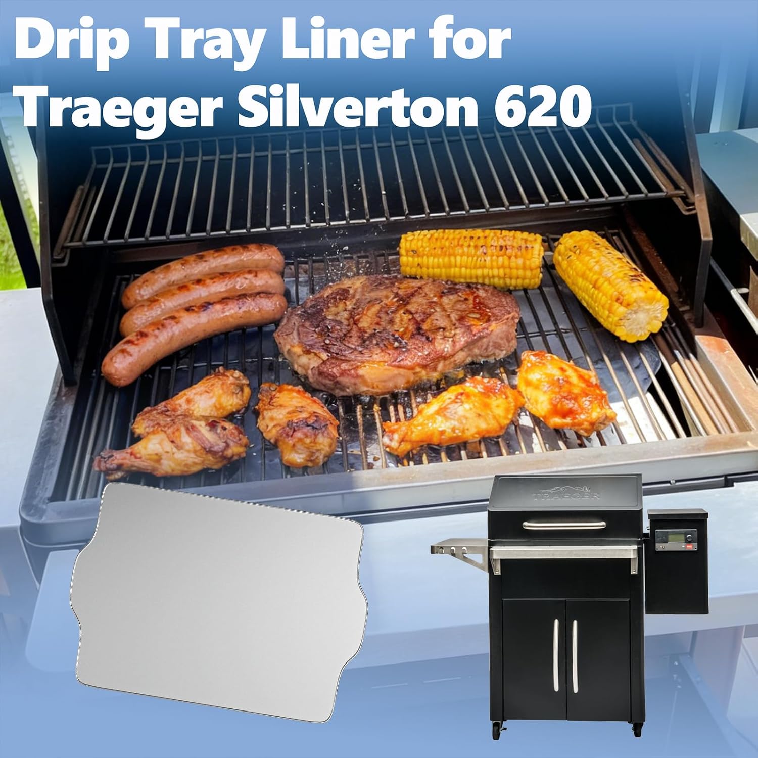 SafBbcue BAC596 Drip Tray Liner Replacement for Traeger Silverton 620, 18.8 x13.75 Inch, Portable and Foldable, Disposable Aluminum Grill Tray for Collecting Grease, 15 Pack