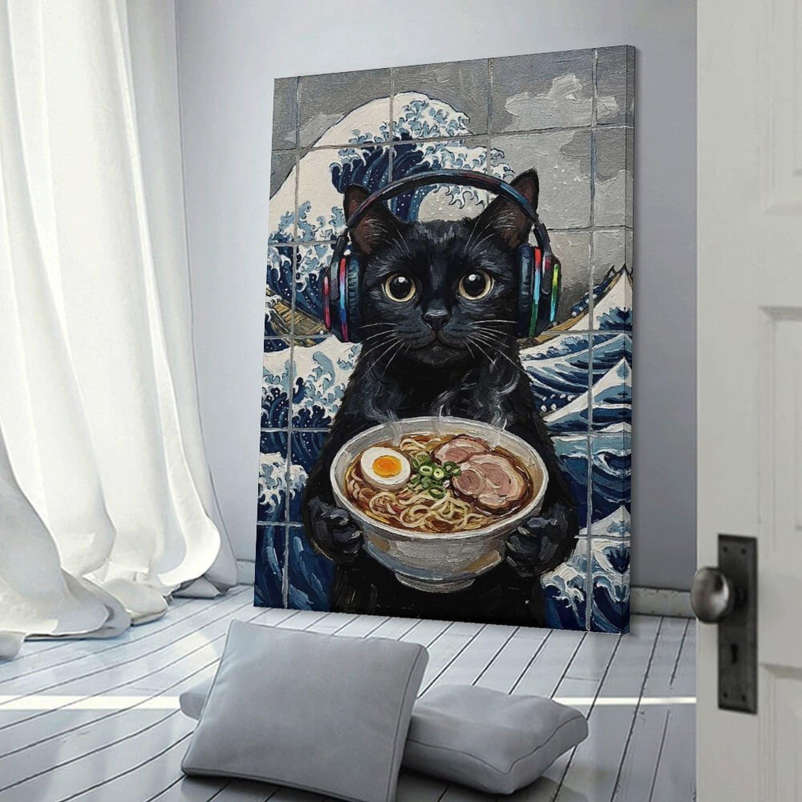 Junmoney Gaming Black Cat with Ramen Canvas Art Print 20x30inch(50x75cm), for New Homes, Bedrooms Or Workspaces, Gift Idea for Housewarming And Birthdays