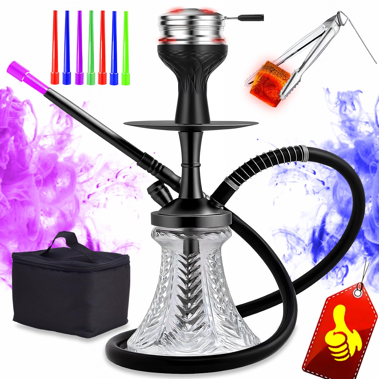 19.3" Premium Hookah Set - Portable Shisha Kit with Protective Carrying Case, Featuring Silicone Hose, Stainless Steel Bowl & Integrated Charcoal Tray (Black)
