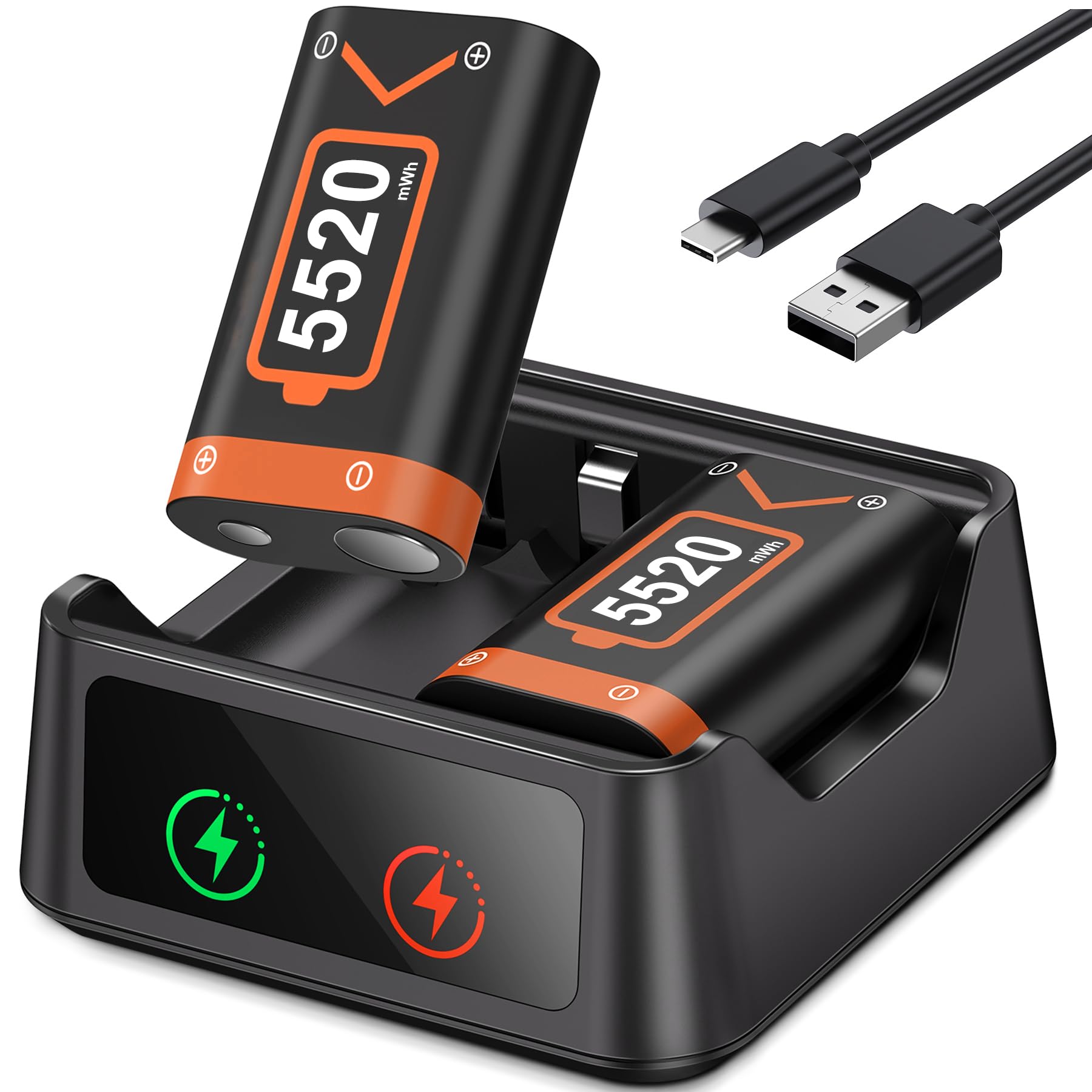 HELLCOOL Paquete de batería para mando Xbox, 2 x 5520 mWh recargable con indicador LED y cable de carga para Xbox Series X|S, One, Elite, S|X