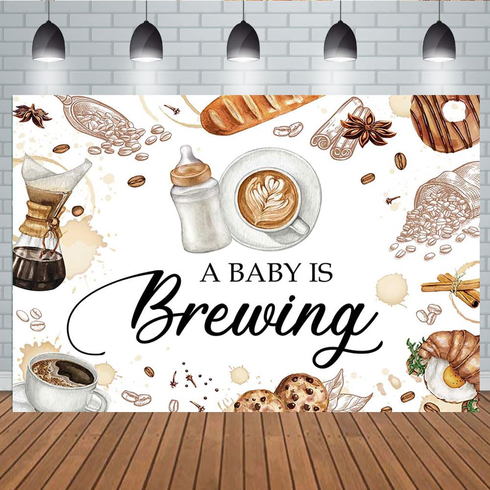 Aperturee 6x4ft Coffee Baby Shower Decoration Backdrop a Baby is Brewing Banner Bottle and Brunch Tea Coffee Beans Croissant Newborn Birthday Cake