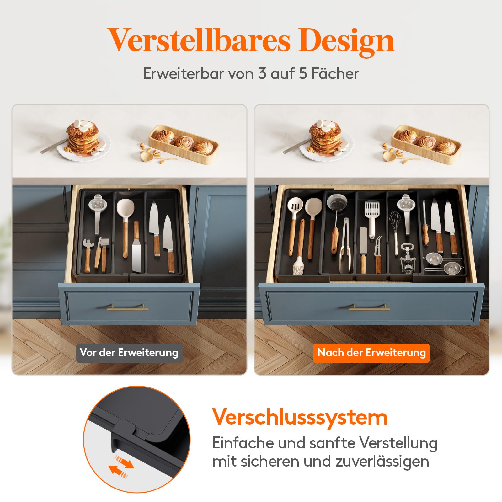 Lifewit Besteckkasten für Schubladen, Großer Utensilienständer Erweiterbar auf 69 cm, verstellbarer Kunststoff Organizer Küche Tiefe 47 cm, Besteckeinsatz für Messer/Gabel, Schwarz