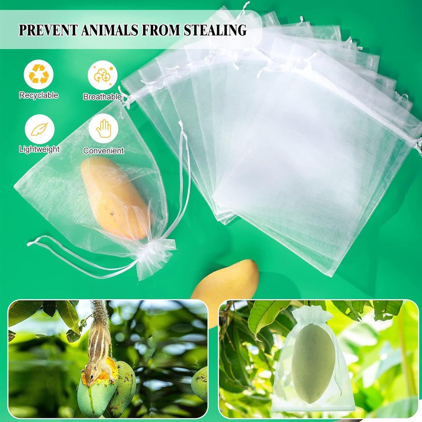 Bolsas de protección de frutas – 100 fundas de red de jardín reutilizables transpirables para árboles frutales con cordón para uvas, tomates, fresas, arándanos, mango, protección de huertos