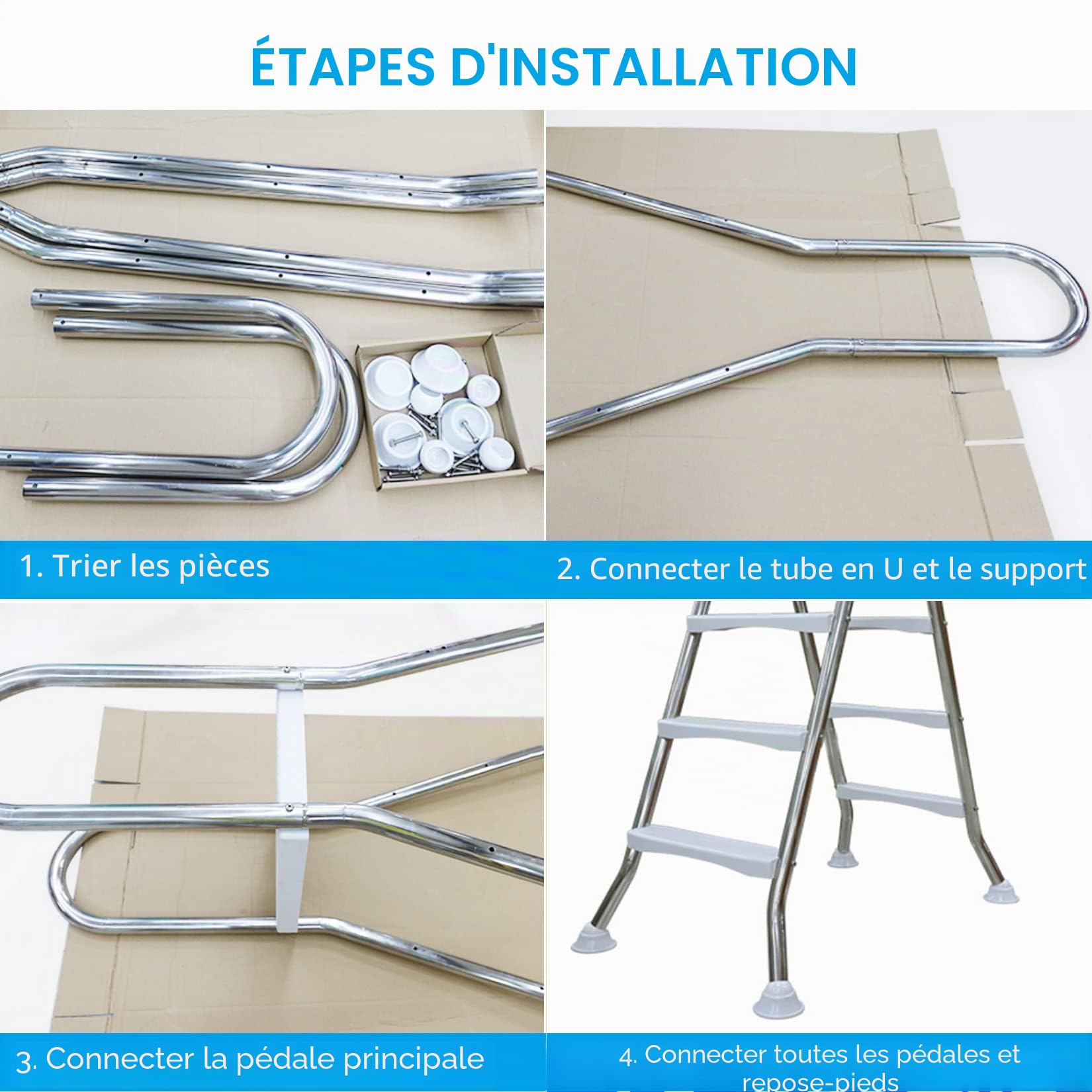 Échelle 4 Marches pour Piscine Hors Sol, échelle Robuste Double Face Antidérapante pour Piscine Hors Sol, échelle épaisse en Acier Inoxydable 304 pour Piscine, Charge 250kg