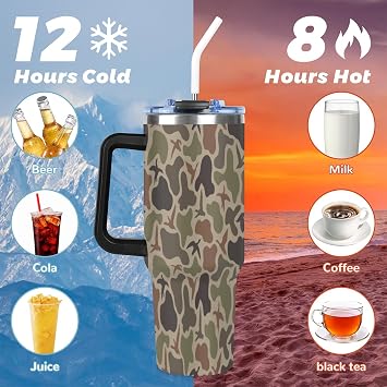 40 Oz Tumbler with Handle Stainless Steel Insulated Vacuum Duck Camouflage Vintage Travel Coffee Mug with Lid and Flip Straw Leak-proof Car Cup for Hot Cold Water