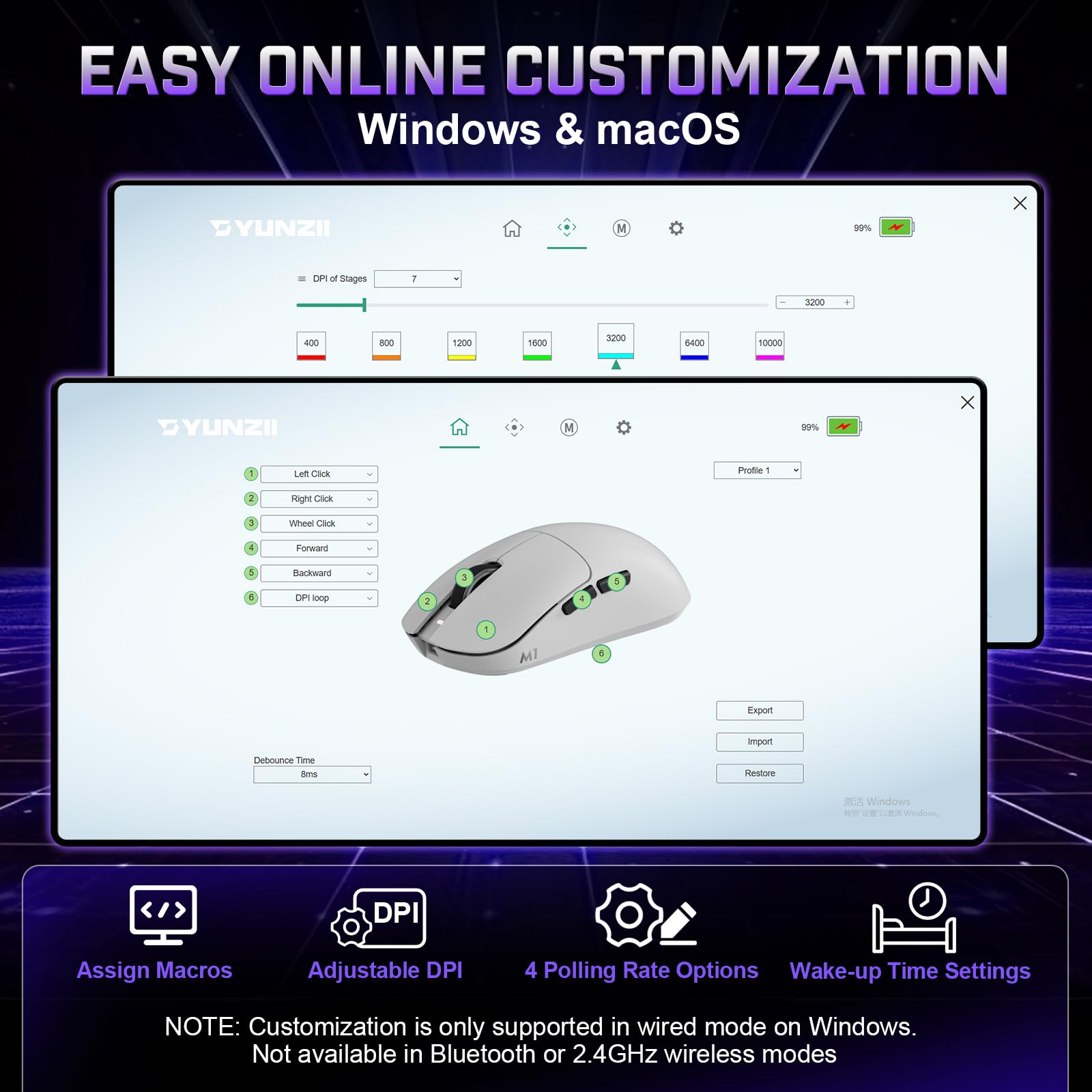 YUNZII M1 Mouse Gaming Wireless Ricaricabile, Leggero Triplo Modo Bluetooth 5.0/2.4G/USB-C per PC, 10000 DPI Regolabile, 5 Pulsanti Programmabili, Software per Windows e Mac (Bianco)
