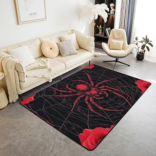 Spider Web Area Rug Red Flower Spider Indoor Floor Mats Entrance Rugs for Kids Boys Girls Room Decor,Arachnid Animal Theme Halloween Gothic Non Slip Absorbent Carpets, 4'11" x 3'3" (Rectangular)