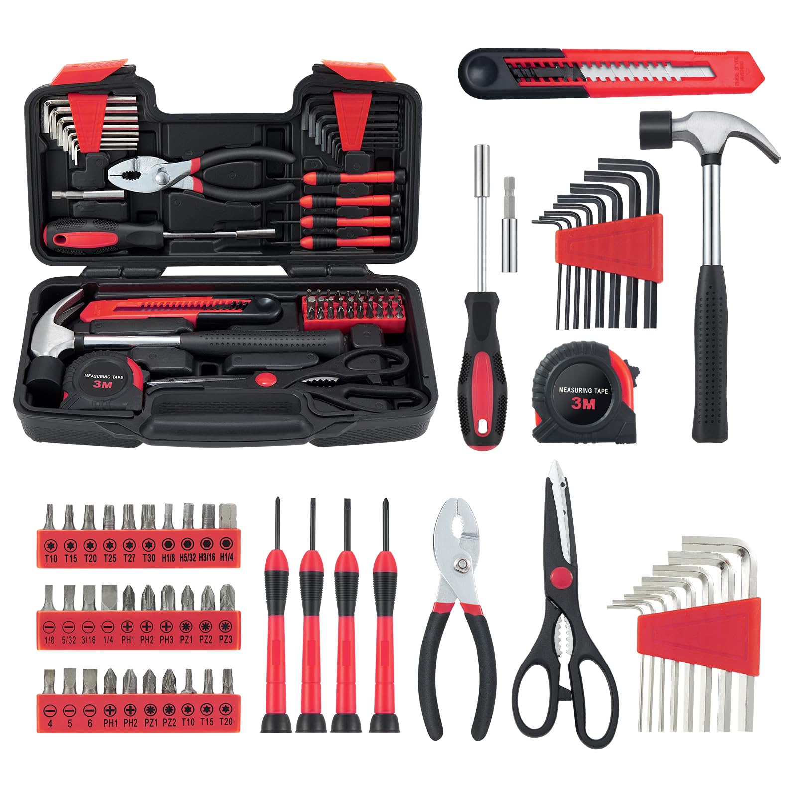58 Piece Household Tool Set, General Household Hand Tool Kit with Plastic Toolbox Storage Case, All Purpose Household Tool Kit for Home, Garage, Office and College Dormitory Use, Red