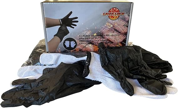 LavaLock Disposable Nitrile BBQ Gloves with Cotton Liners for Outdoor Cooking Grilling Smokers and Barbecue Competition, Chef or Kitchen use (Large 50 Count Black)