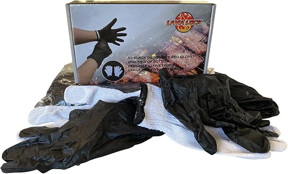 LavaLock Disposable Nitrile BBQ Gloves with Cotton Liners for Outdoor Cooking Grilling Smokers and Barbecue Competition, Chef or Kitchen use (Large 50 Count Black)