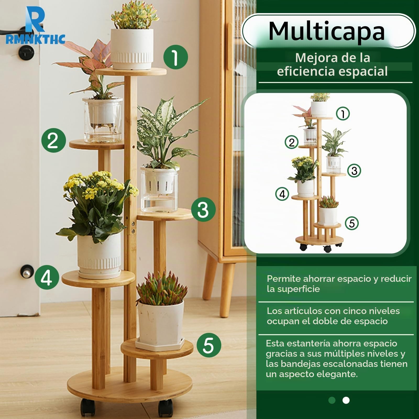 Estantería de bambú para flores con ruedas, 5 niveles, capacidad de carga de 20 kg, material natural resistente al agua, fácil montaje para salón, balcón, dormitorio (color madera)